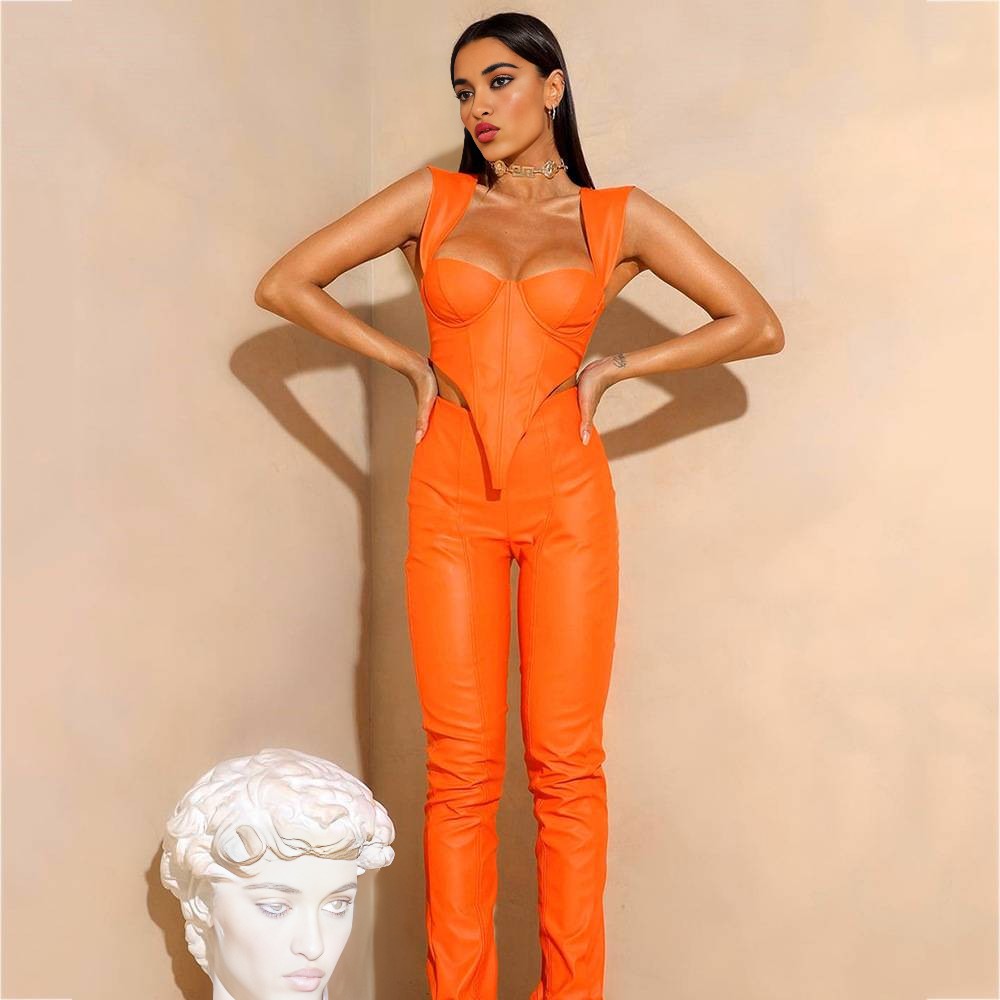 Luxury Orange Corset-Style Cutout Wide-Leg Jumpsuit