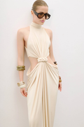 Cream Halter Cutout Ruched Maxi Gown