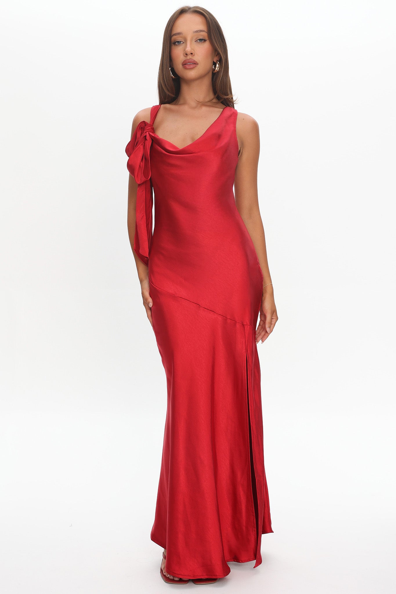 Averie Bow Shoulder Split Midi Dress Red by Selfie Leslie