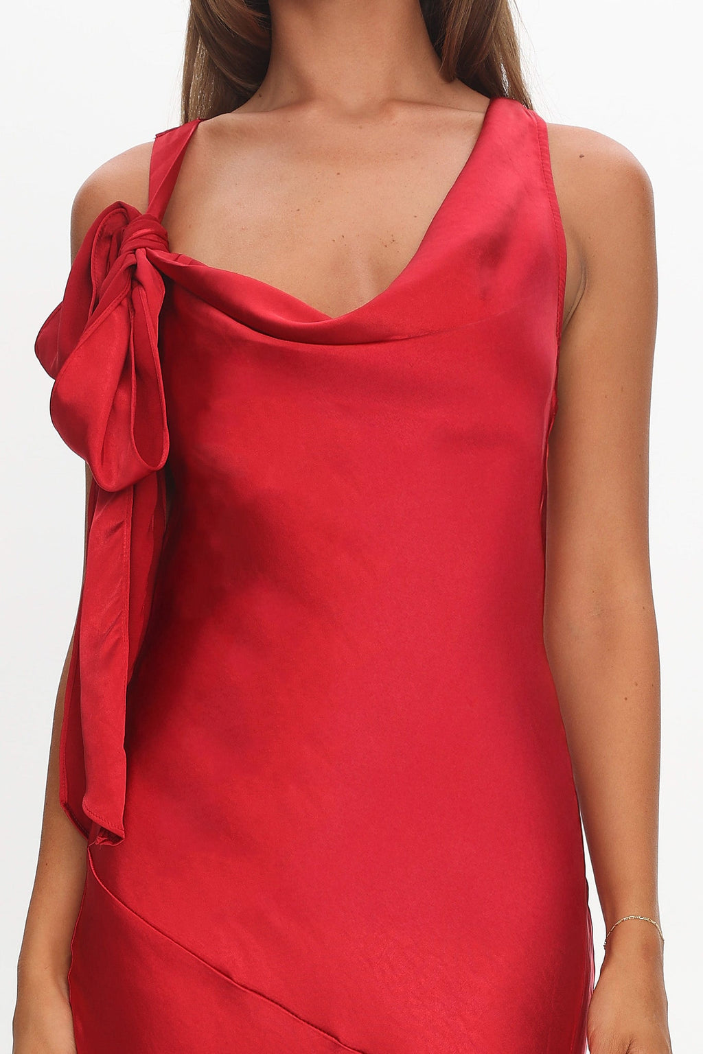 Averie Bow Shoulder Split Midi Dress Red by Selfie Leslie