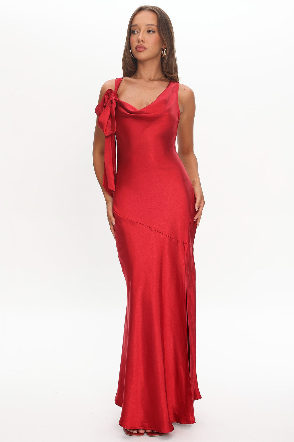 Averie Bow Shoulder Split Midi Dress Red by Selfie Leslie