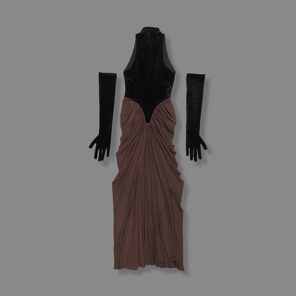 High-Neck Velvet & Ruched Midi Gown with Opera Gloves