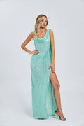 Mint Green Sequin Cowl-Neck Gown
