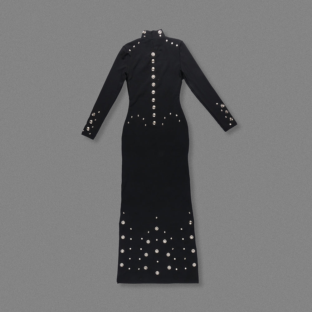 Turtleneck Embellished Slim-Fit Maxi Gown (Black/White)