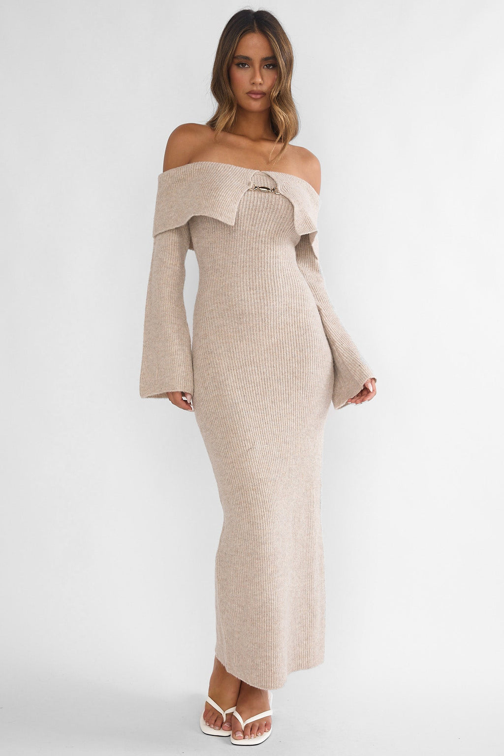 Arwyn Foldover Off-Shoulder Knit Maxi Dress Quinoa by Selfie Leslie