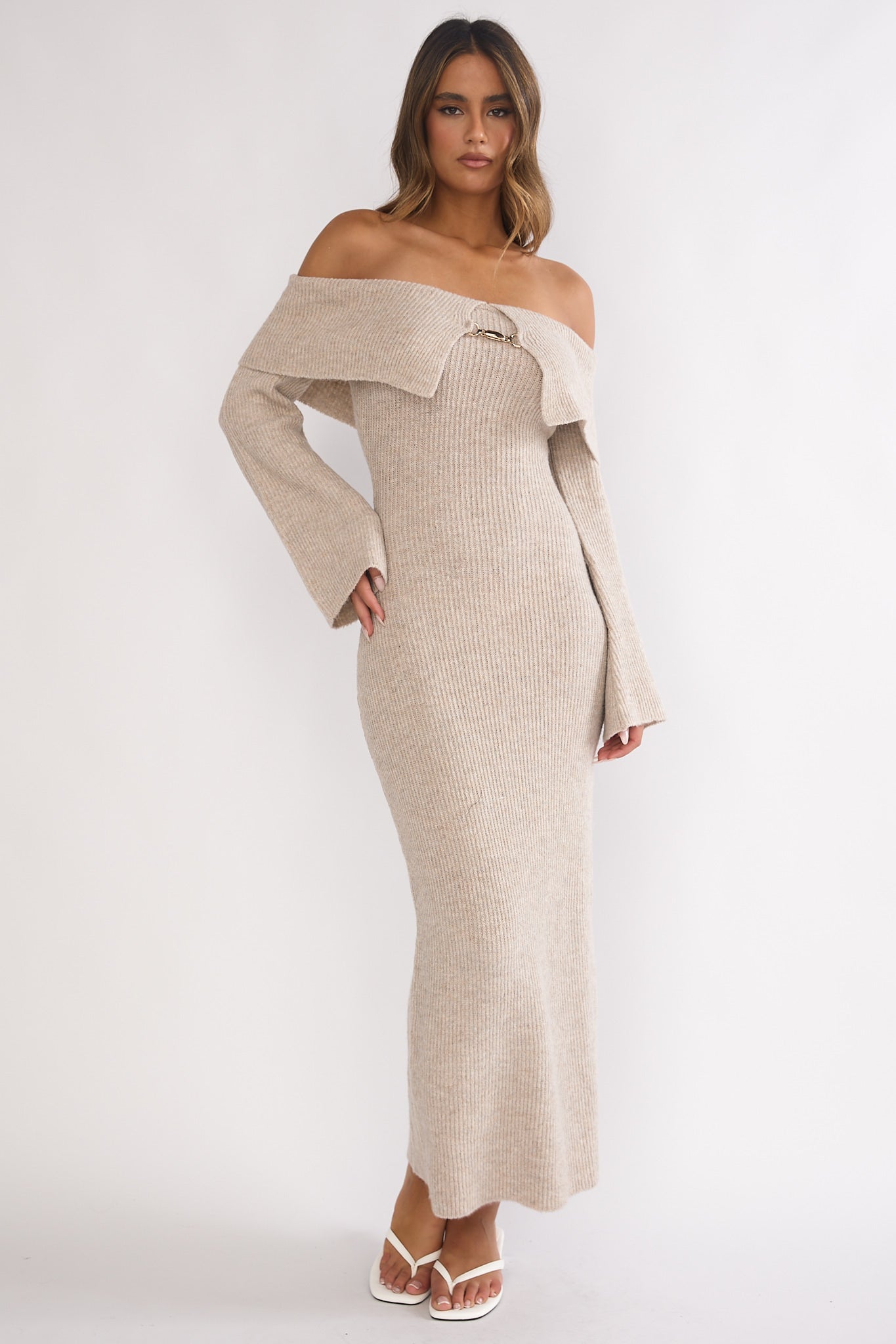 Arwyn Foldover Off-Shoulder Knit Maxi Dress Quinoa by Selfie Leslie