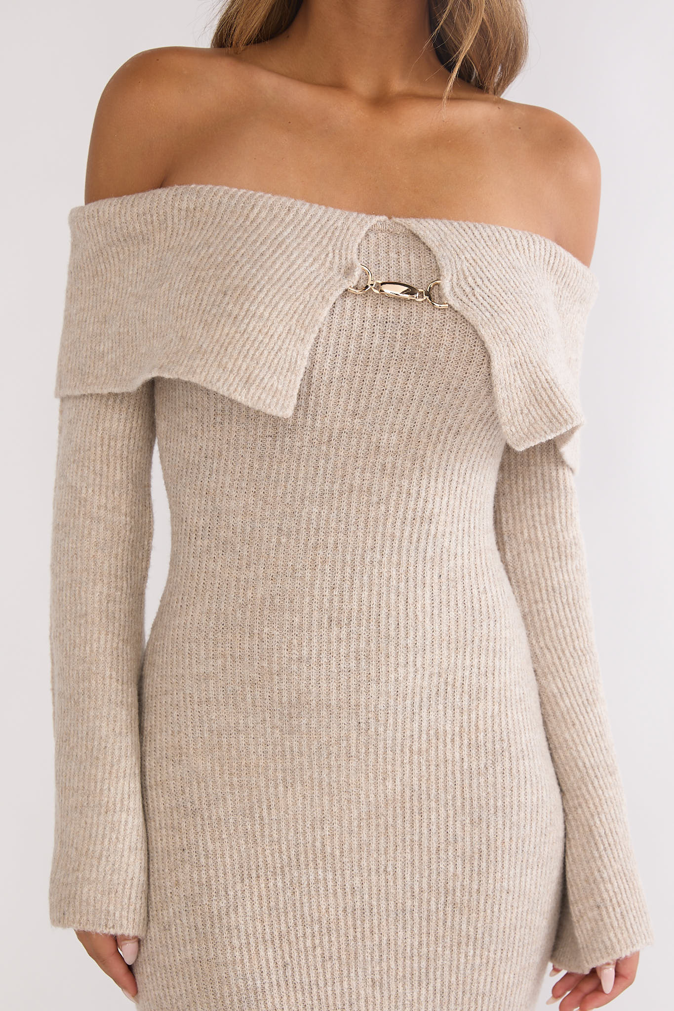 Arwyn Foldover Off-Shoulder Knit Maxi Dress Quinoa by Selfie Leslie