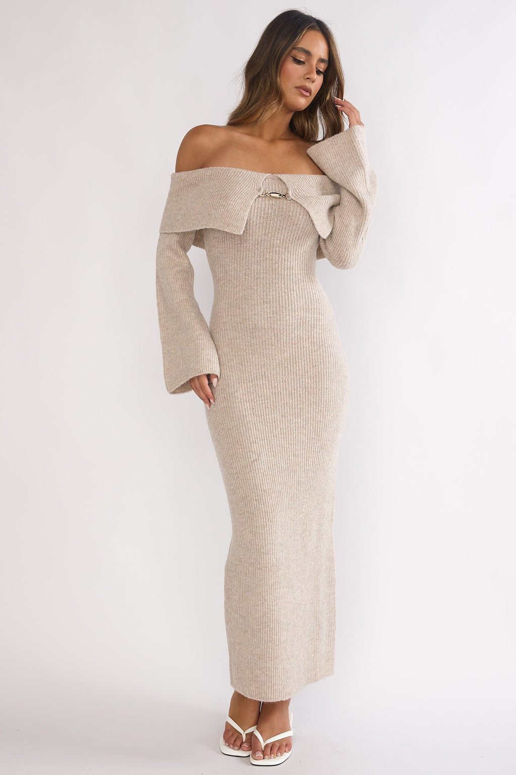 Arwyn Foldover Off-Shoulder Knit Maxi Dress Quinoa by Selfie Leslie