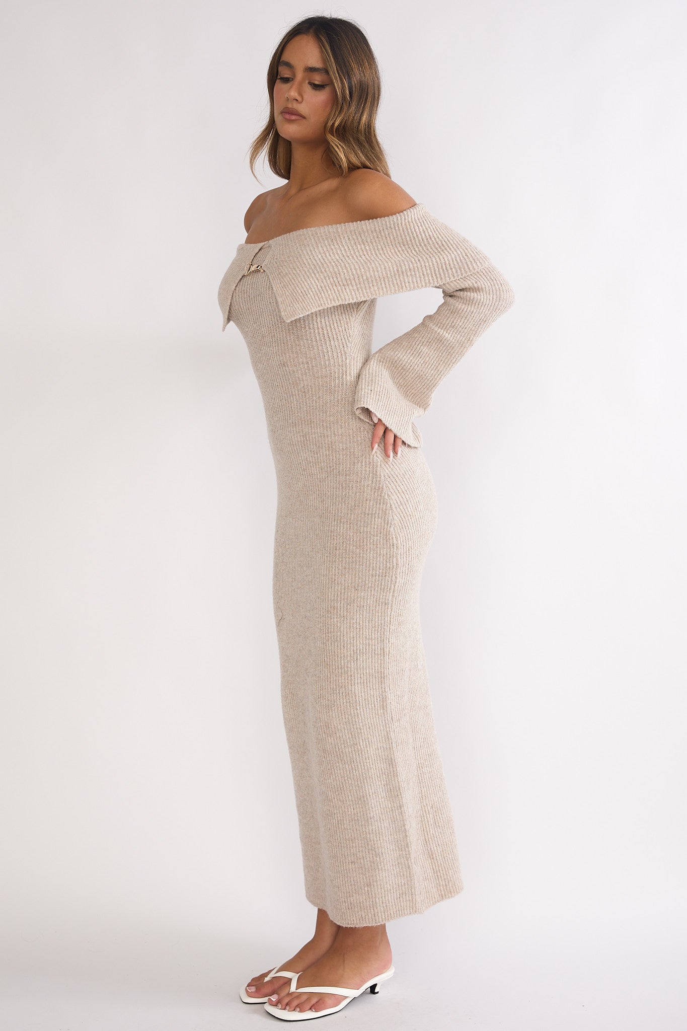 Arwyn Foldover Off-Shoulder Knit Maxi Dress Quinoa by Selfie Leslie