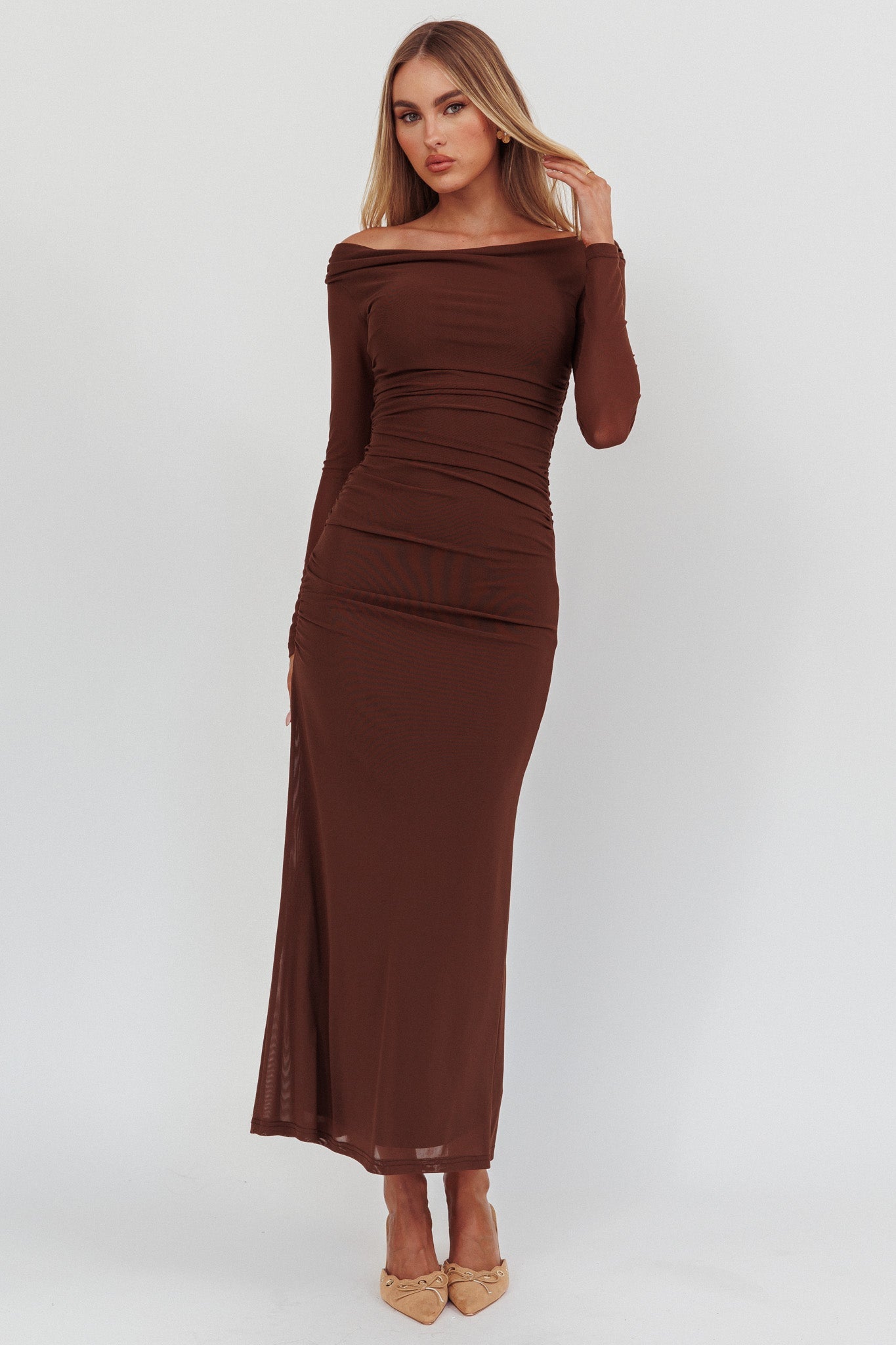 In Blooms Off Shoulder Mesh Maxi Dress Chocolate by Selfie Leslie