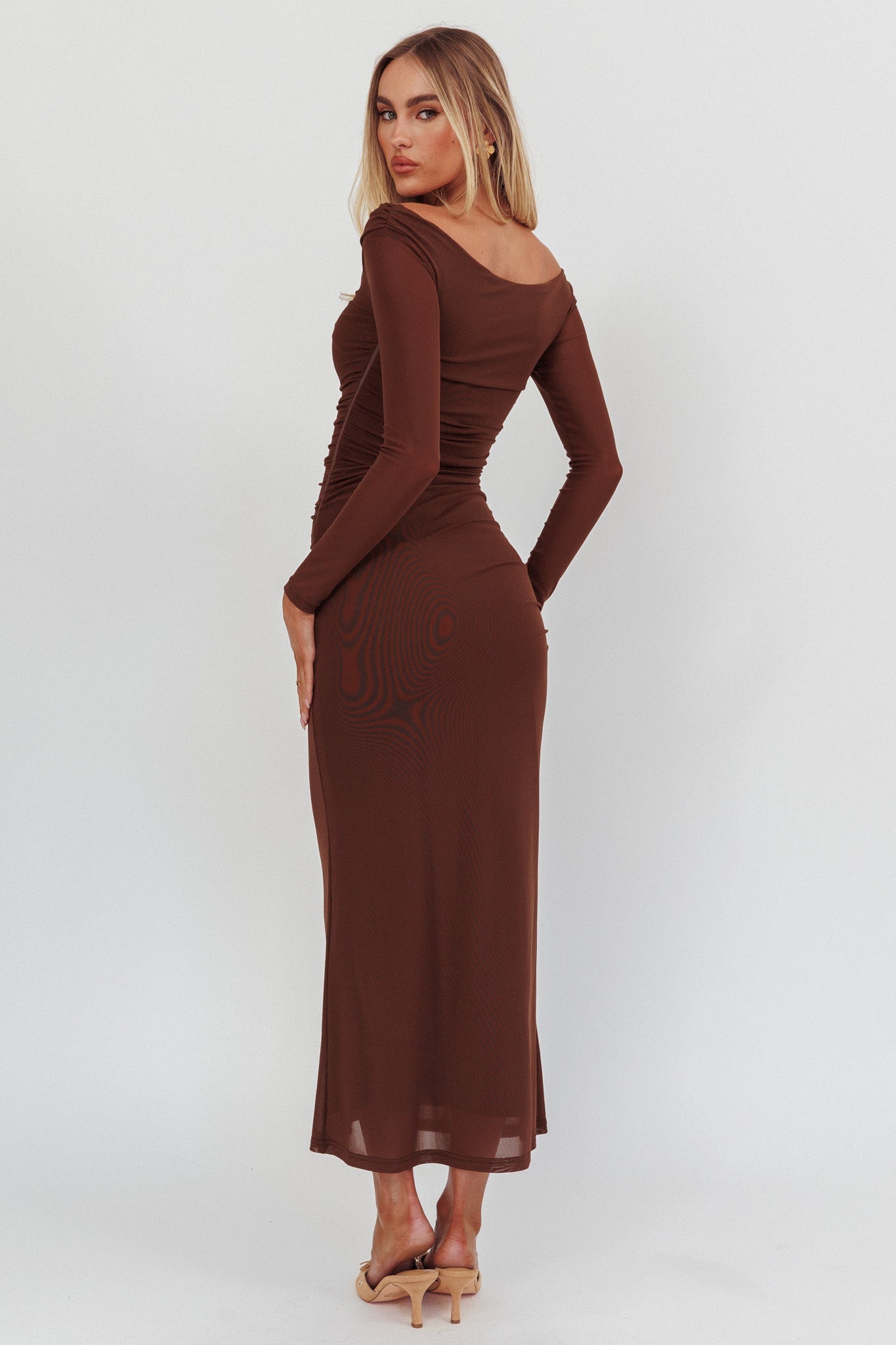 In Blooms Off Shoulder Mesh Maxi Dress Chocolate by Selfie Leslie