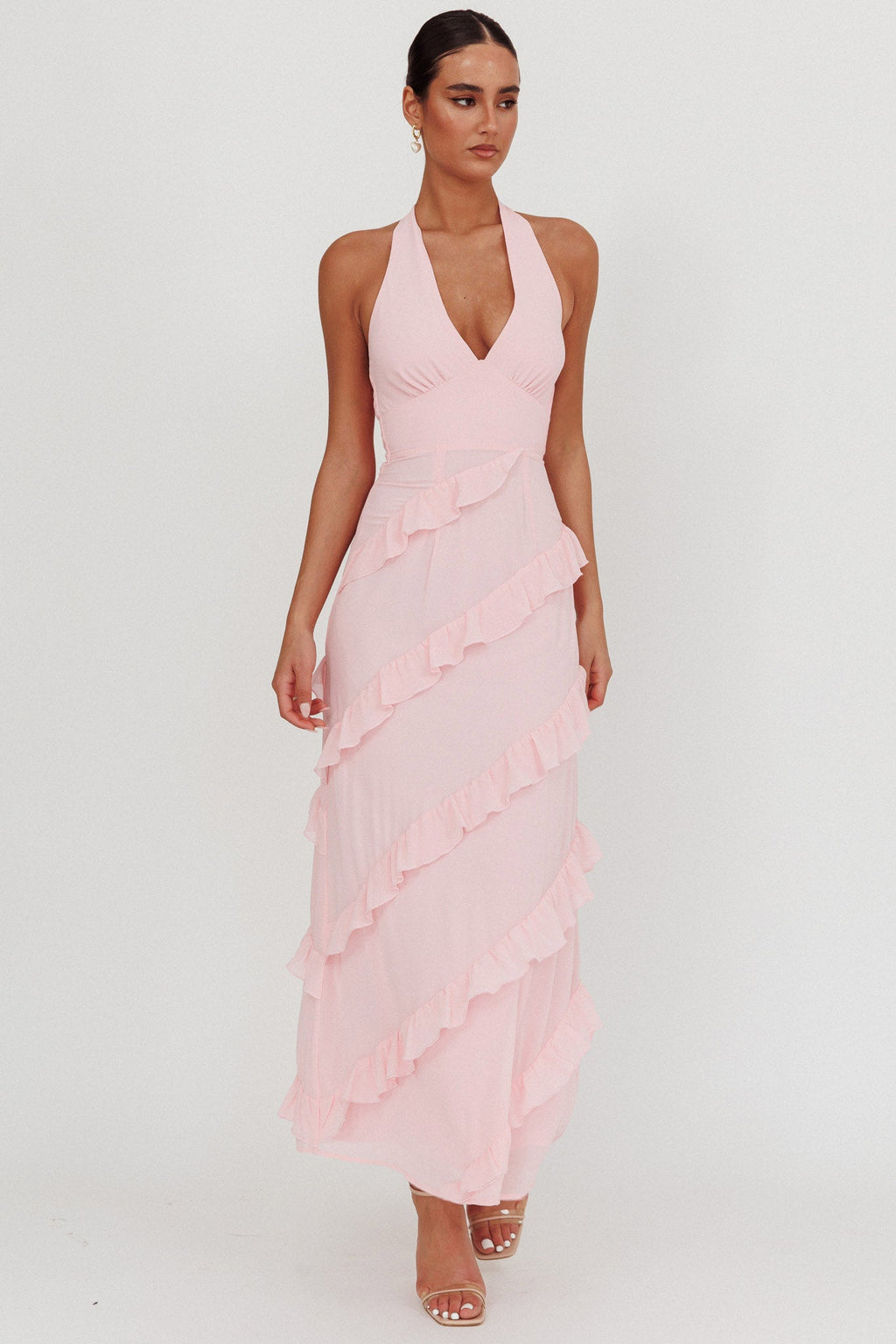 Flirt Frill Trim Halter Maxi Dress Blush by Selfie Leslie
