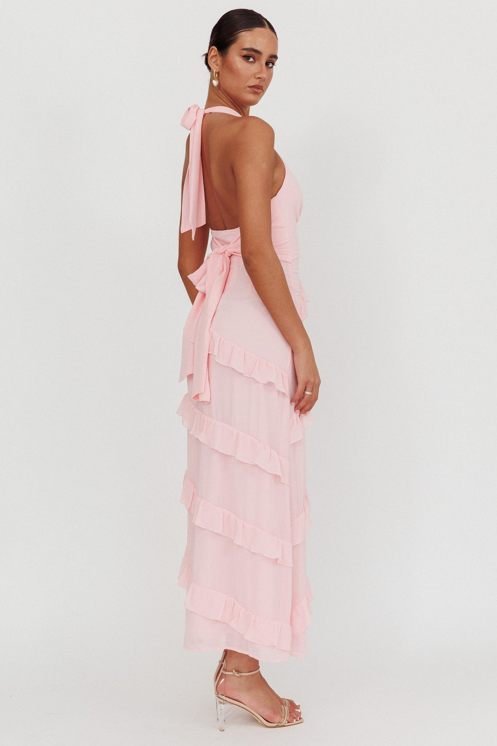 Flirt Frill Trim Halter Maxi Dress Blush by Selfie Leslie