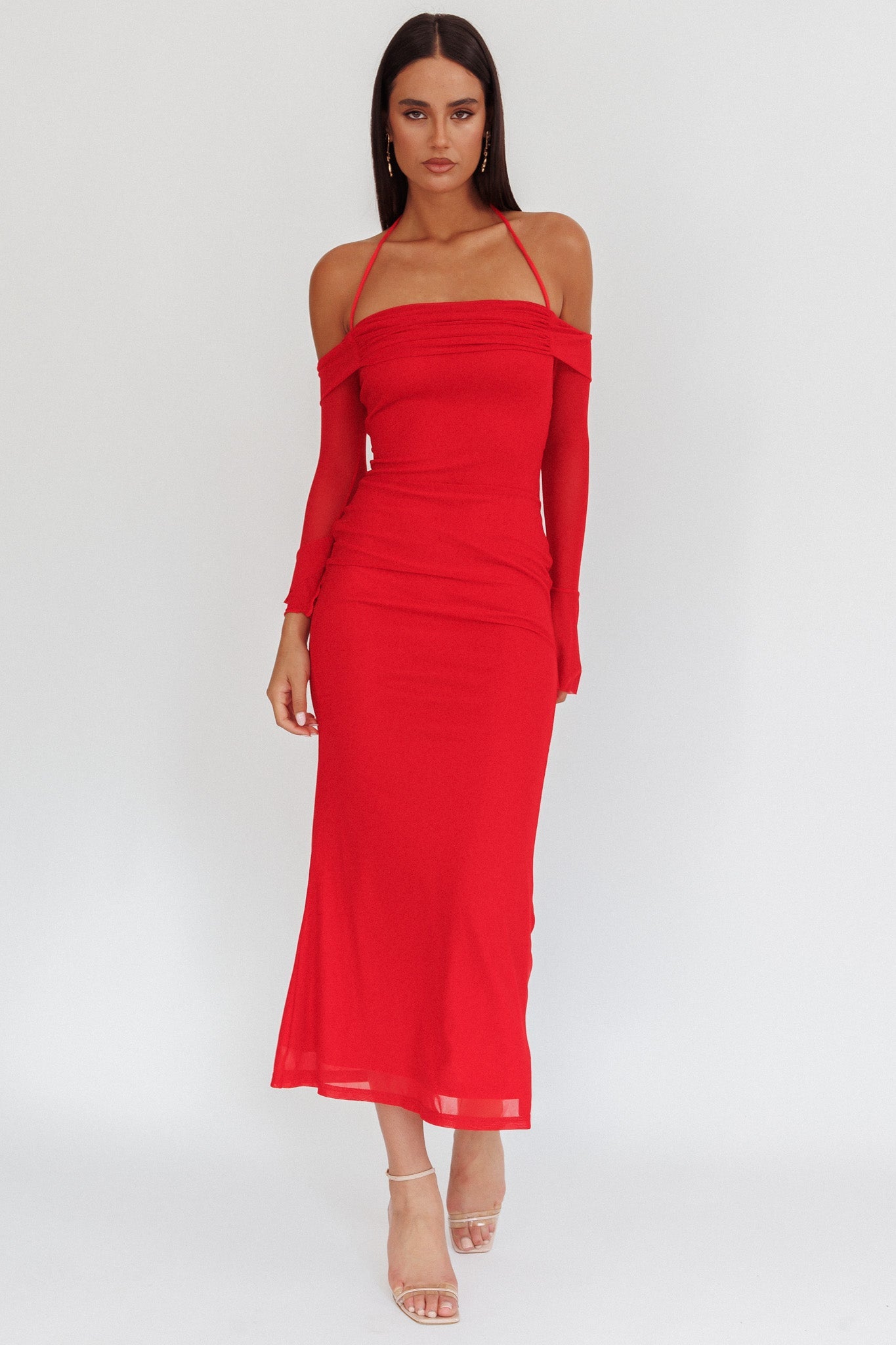Numbers Game Off-Shoulder Halter Maxi Dress Red by Selfie Leslie