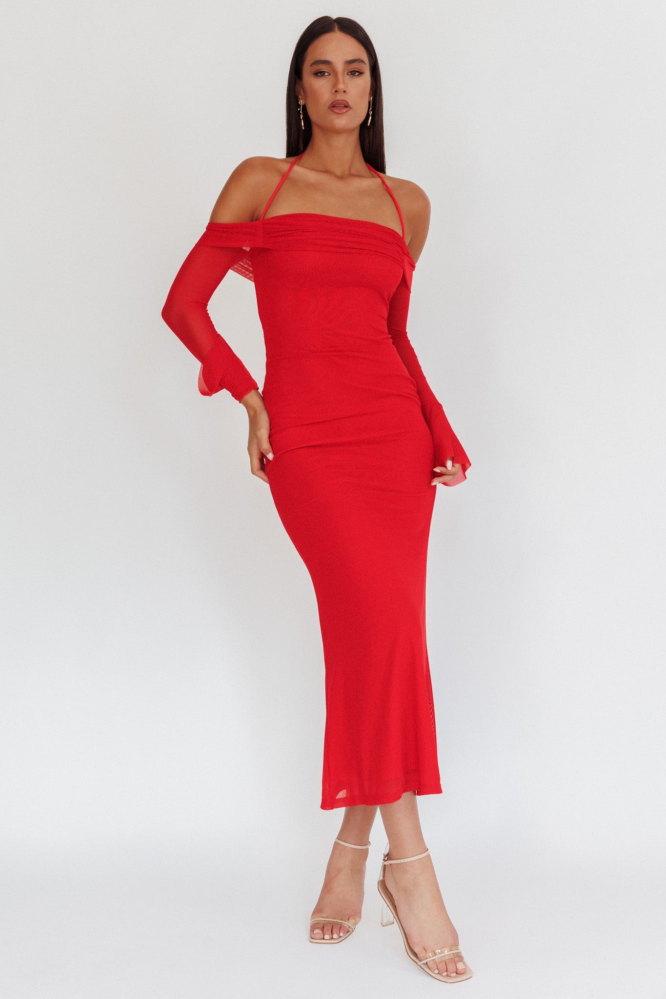 Numbers Game Off-Shoulder Halter Maxi Dress Red by Selfie Leslie