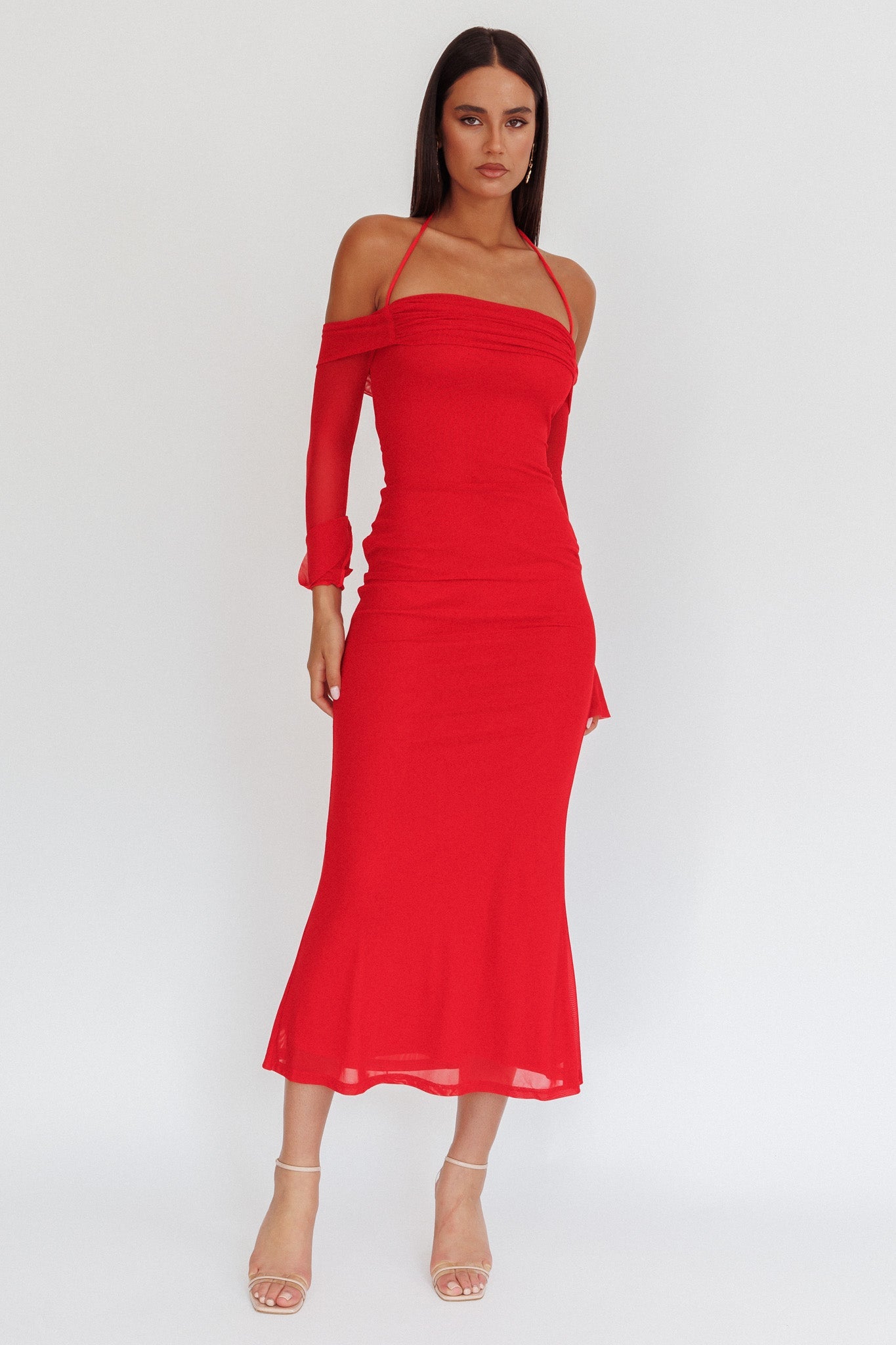 Numbers Game Off-Shoulder Halter Maxi Dress Red by Selfie Leslie