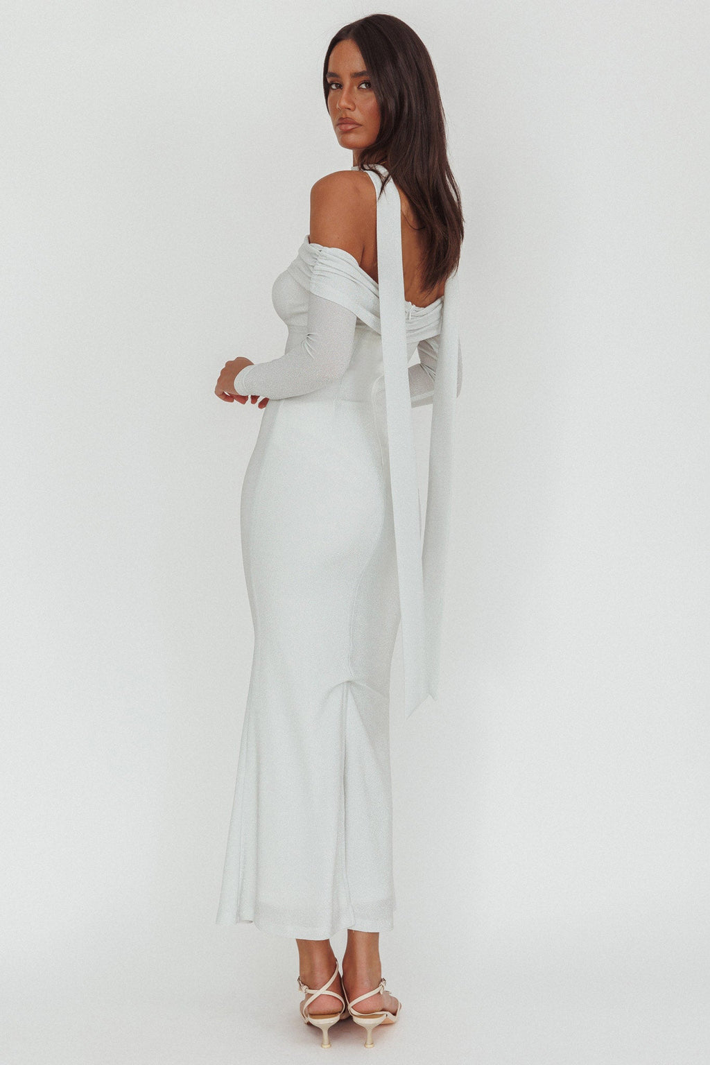 Flutters Off-Shoulder Long Sleeve Maxi Dress White by Selfie Leslie