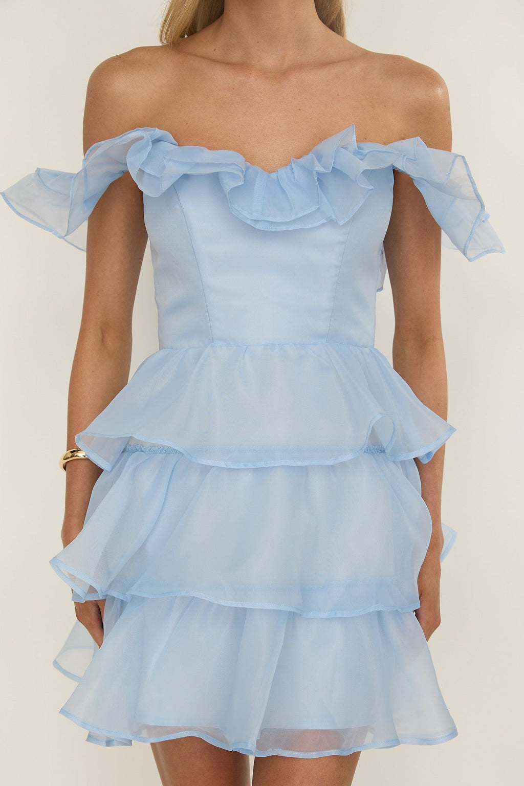 Elegeleges Off-Shoulder Ruffle Mini Dress Sky Blue
