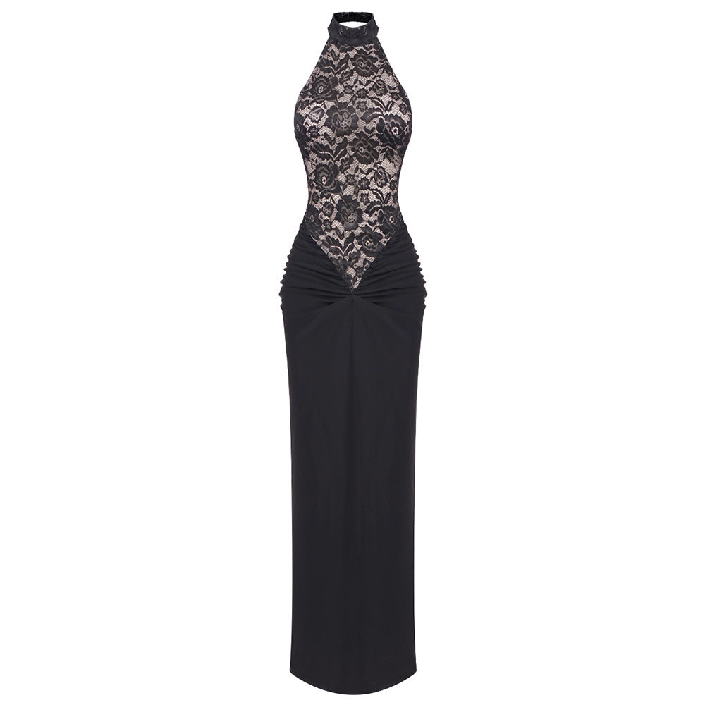Black Lace Halter Velvet Gown