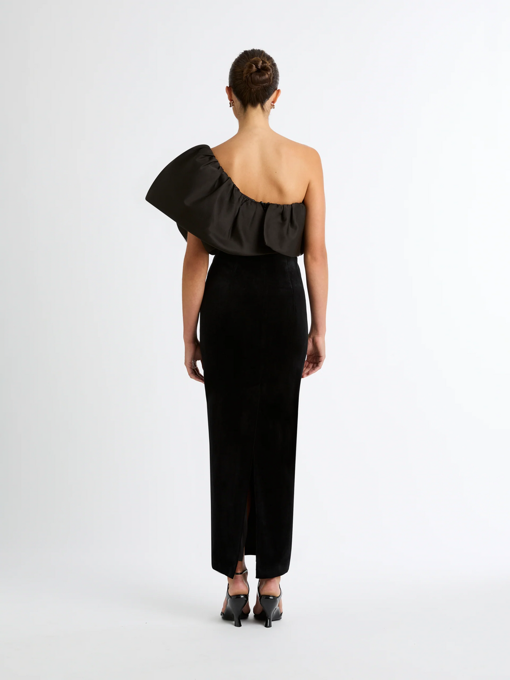Black Velvet One-Shoulder Oversized Ruffle Gown