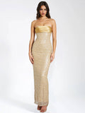 Glam Gold Sequin Strapless Gown: Slit Maxi Dress for Red Carpet & Gala