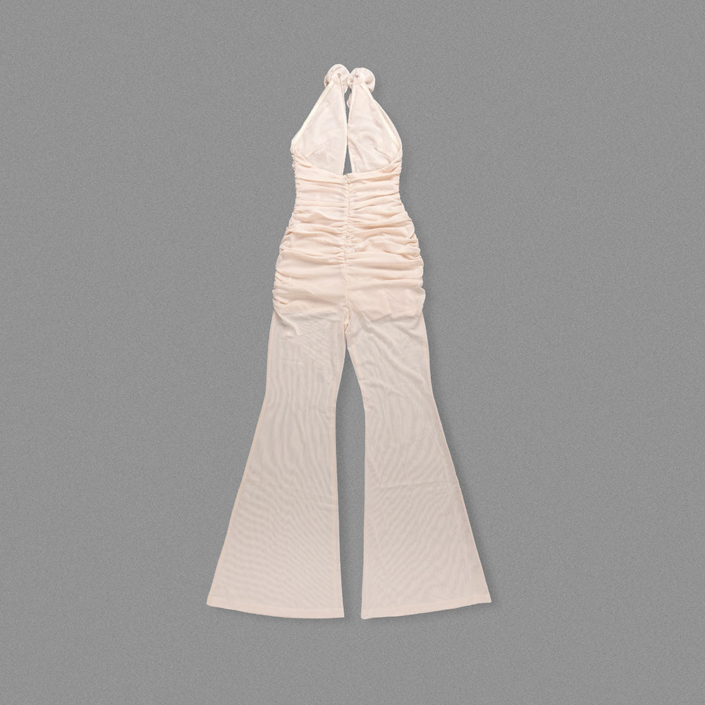 Ruched Cutout Halter Jumpsuit with 3D Rose Embellishment & Sheer Wide-Leg Pants