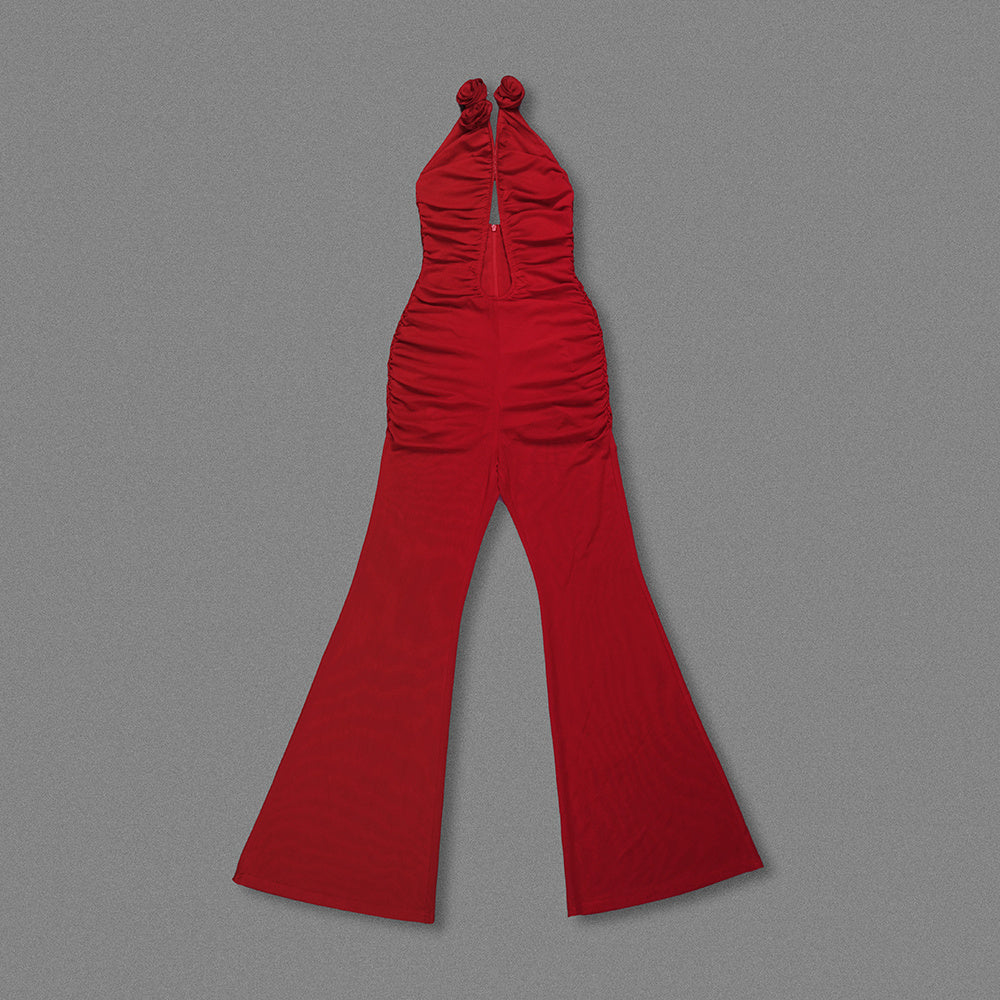 Ruched Cutout Halter Jumpsuit with 3D Rose Embellishment & Sheer Wide-Leg Pants
