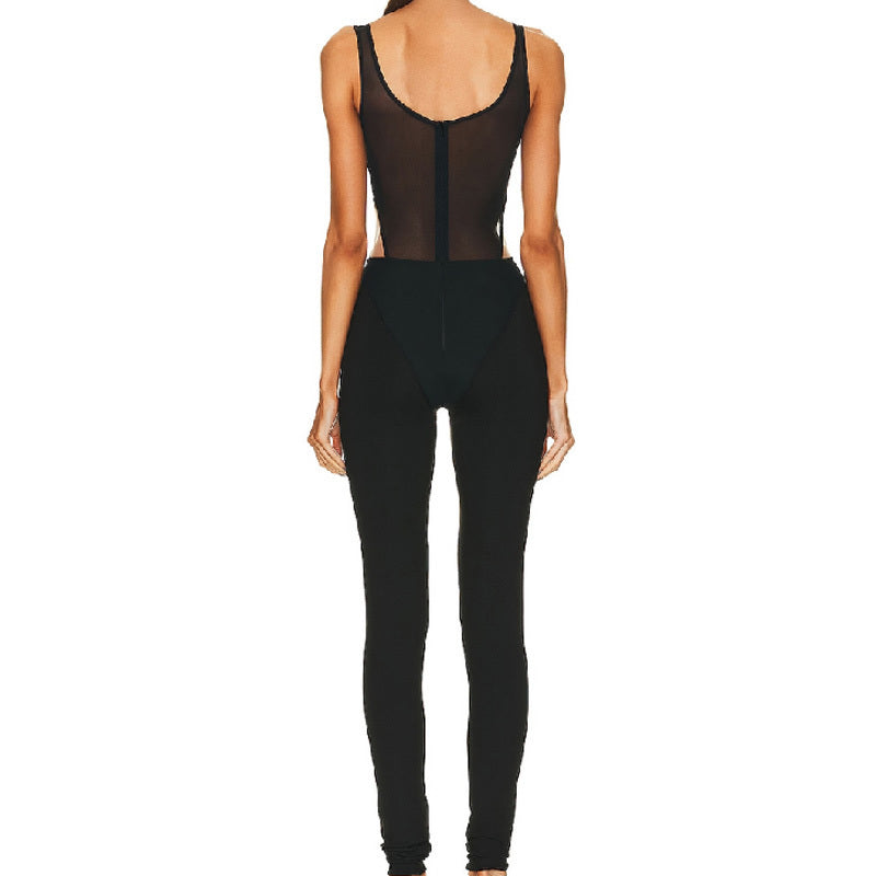 Black Sheer Mesh Corset-Style Skinny Jumpsuit with Cutout Sides