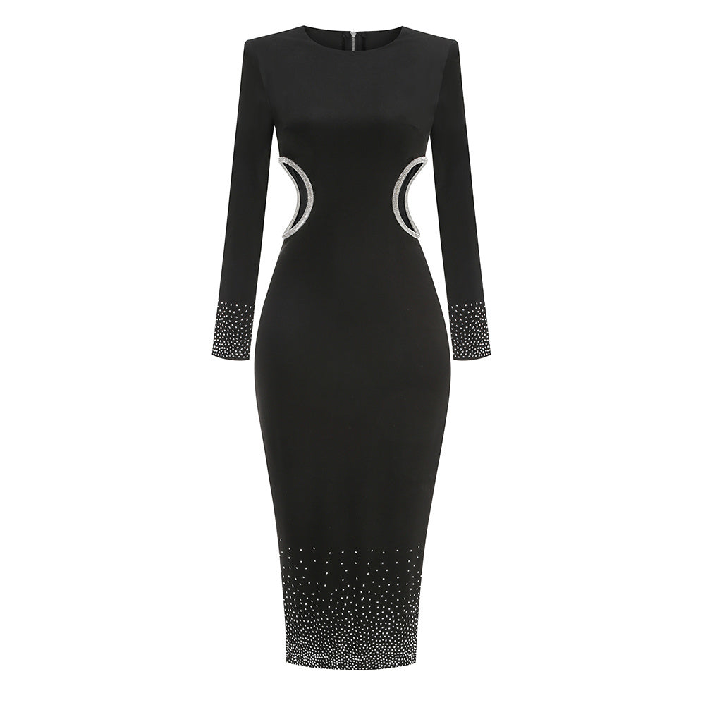Black Long-Sleeve Rhinestone Midi Dress