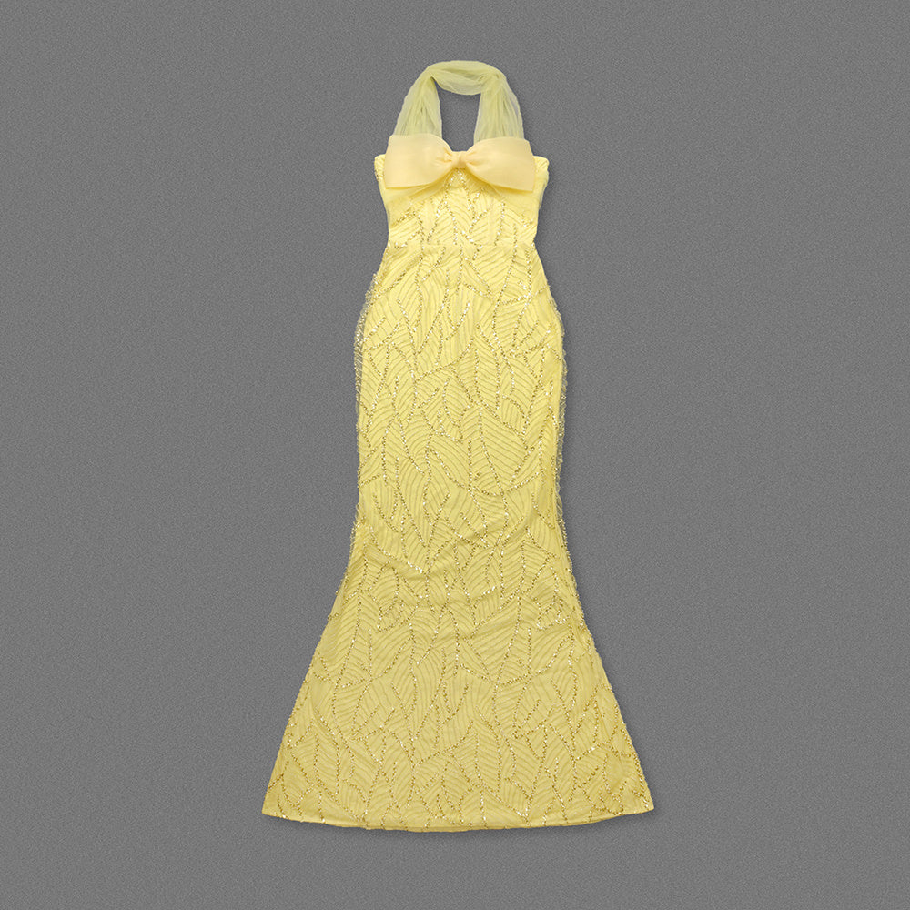 Yellow Halter Gown with Bow Detail & Beaded Sequin Embellishment