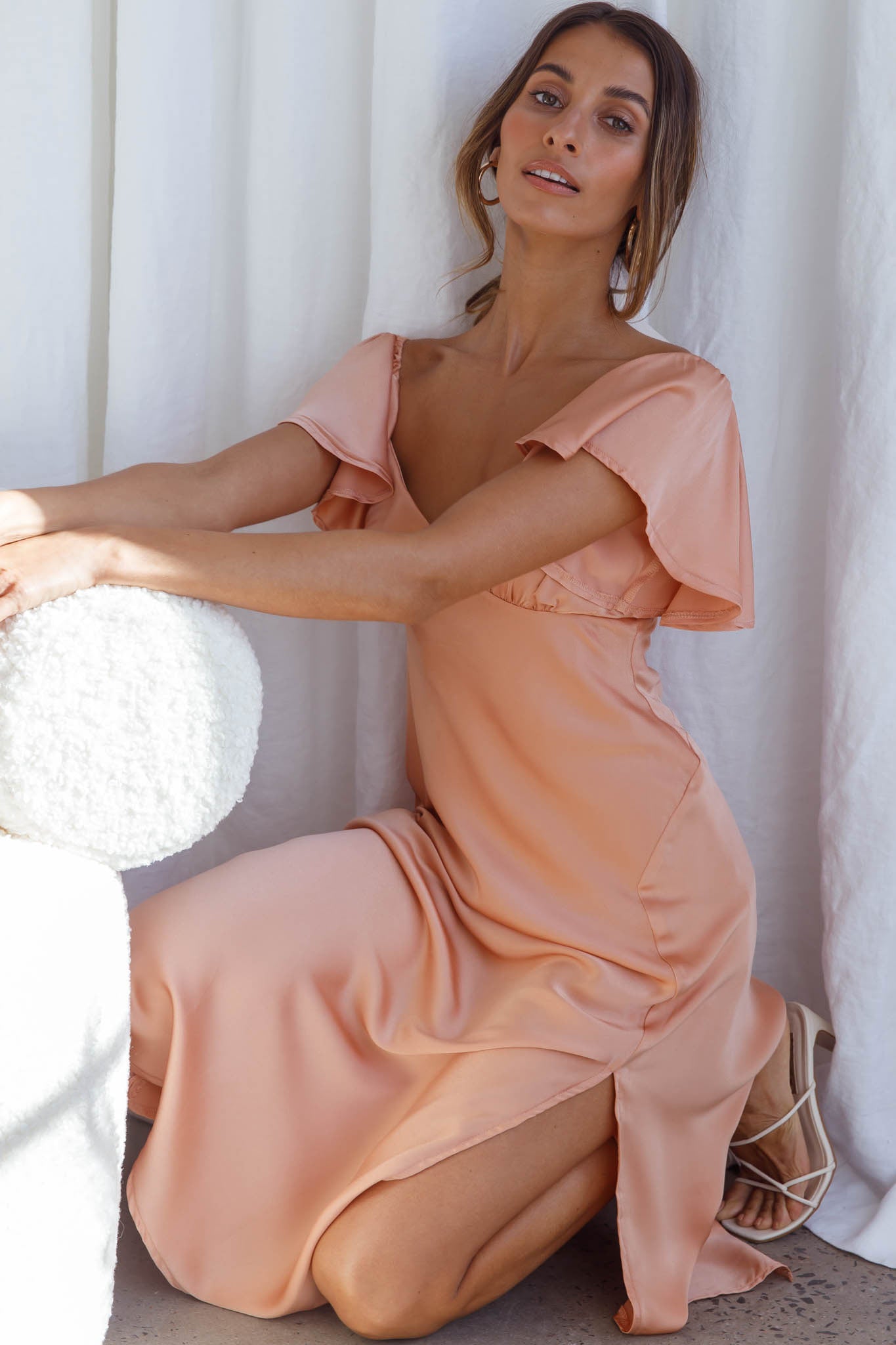 Park Avenue Flutter Sleeve Side Split Midi Dress Apricot by Selfie Leslie