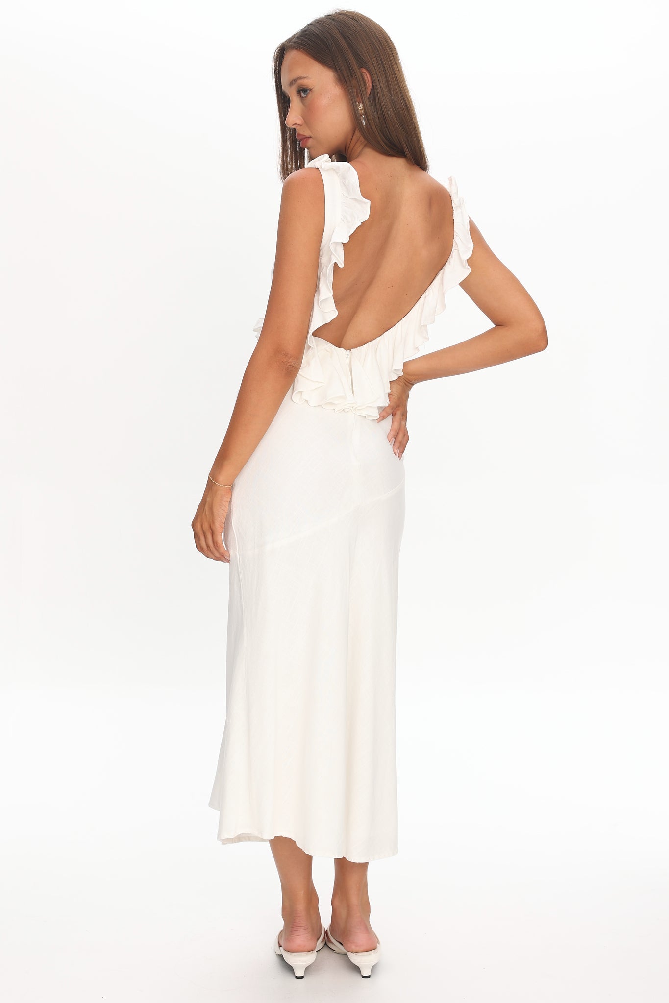 Alba Frill Trim Midi Dress White by Selfie Leslie