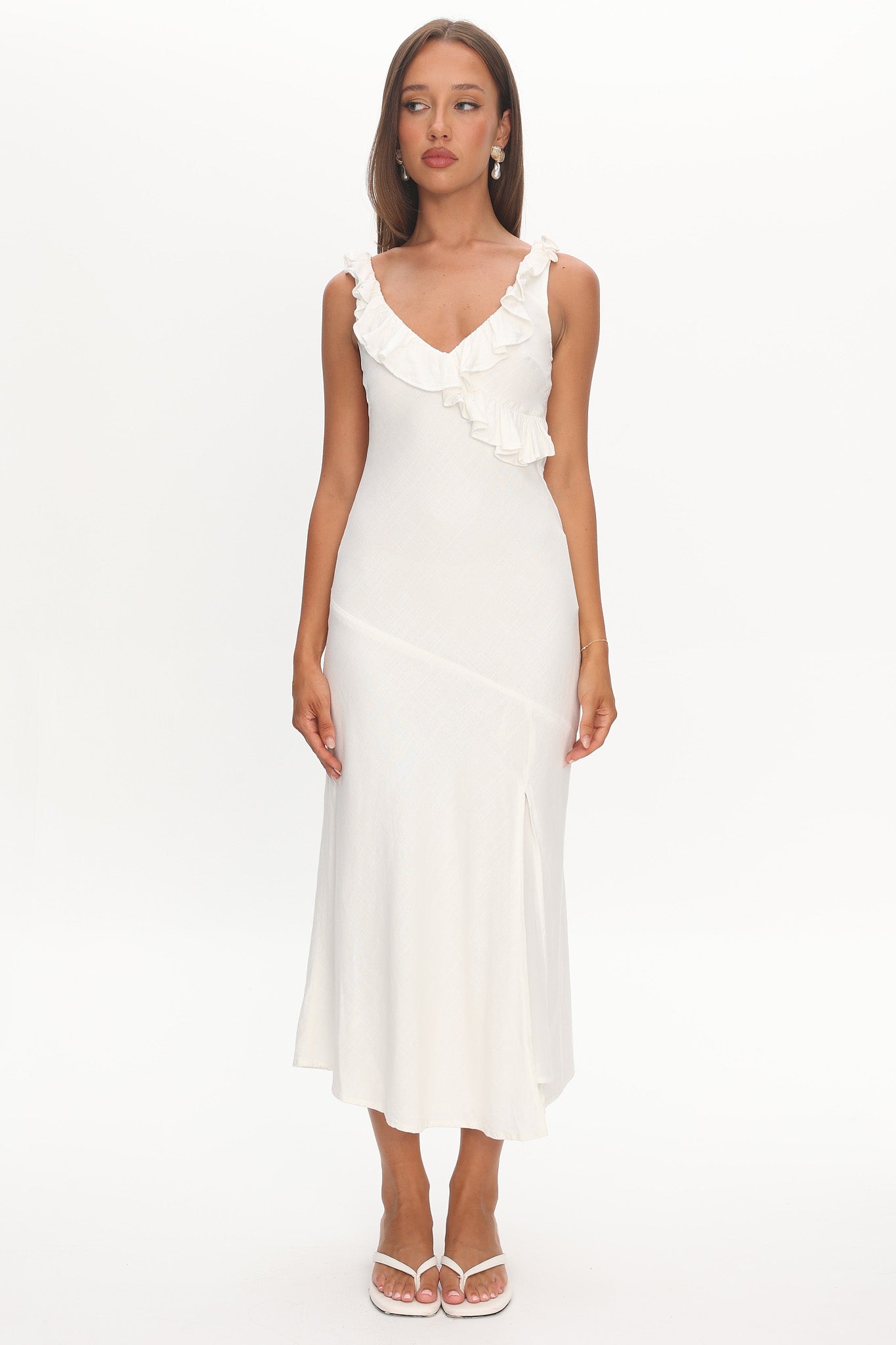 Alba Frill Trim Midi Dress White by Selfie Leslie