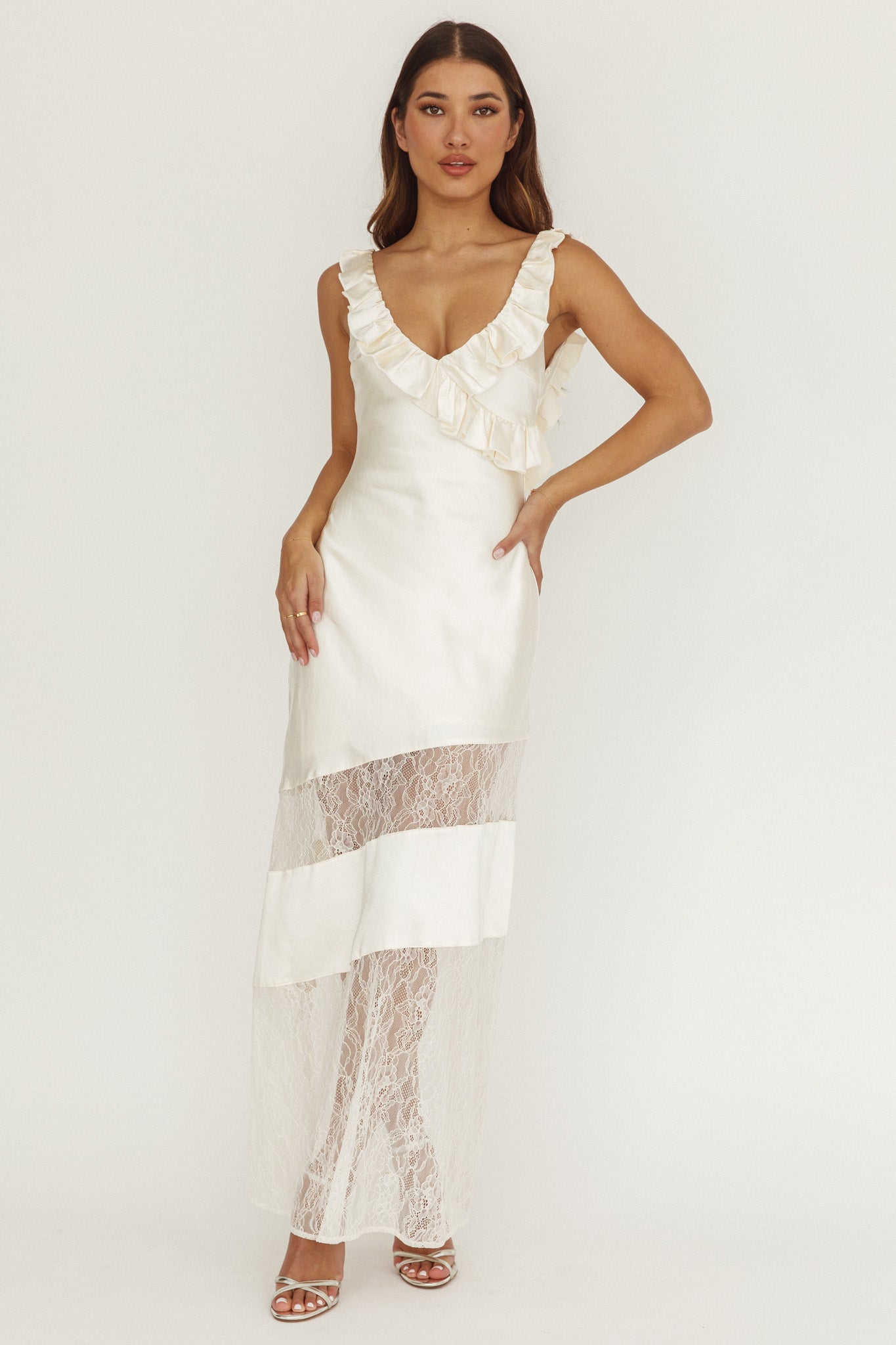 Alba Frill & Lace Trim Maxi Dress Oyster by Selfie Leslie