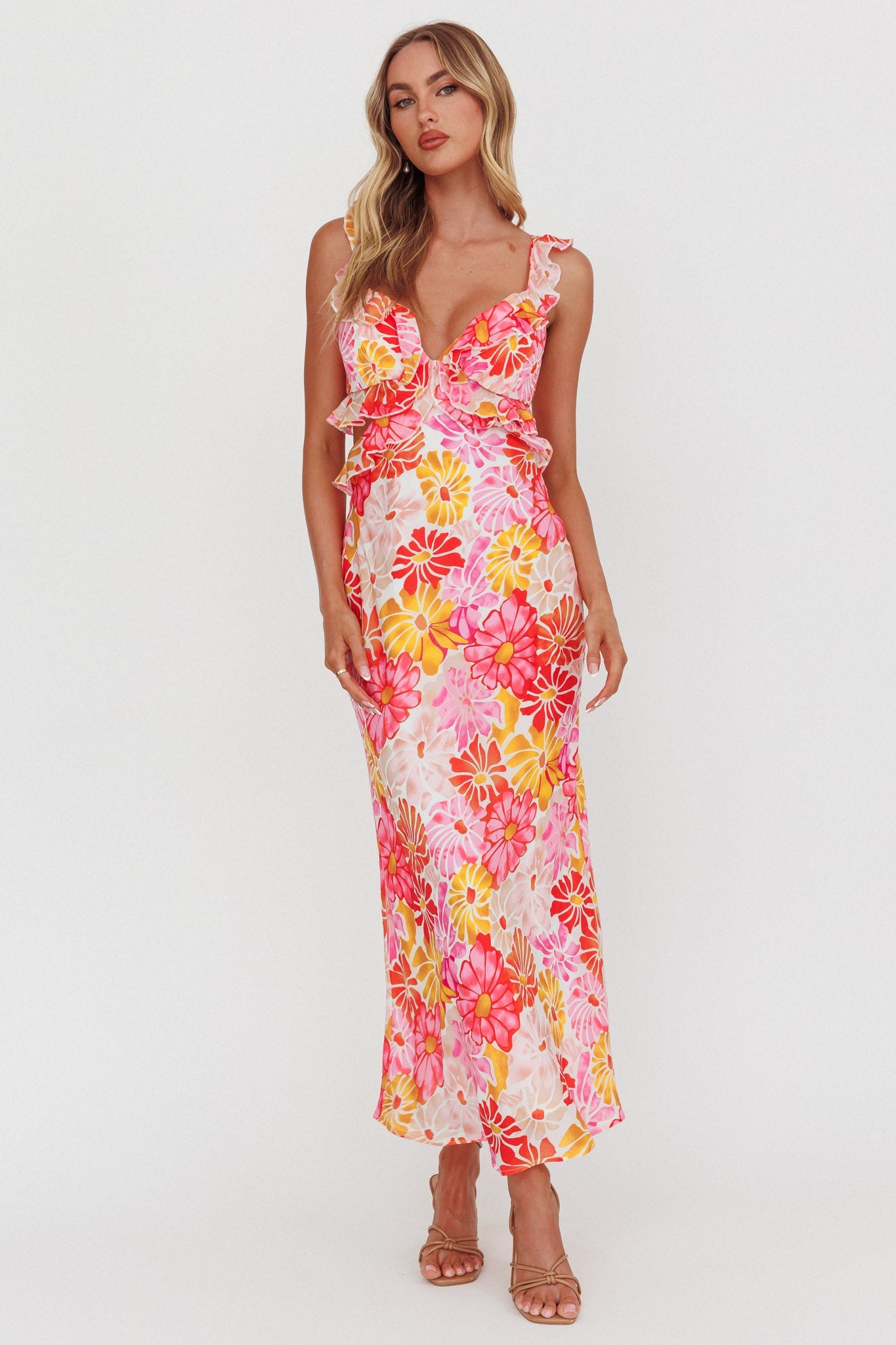 Second Chances Ruffle Trim Maxi Dress Flower Pink