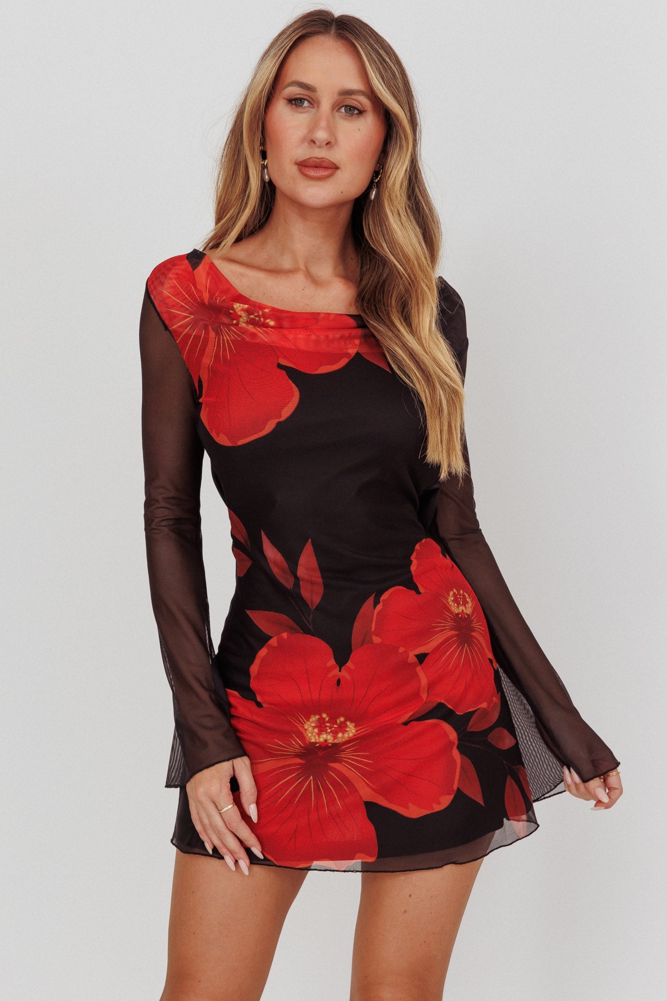 Isabella Long Sleeve Backless Mini Dress Hibiscus Black by Selfie Leslie