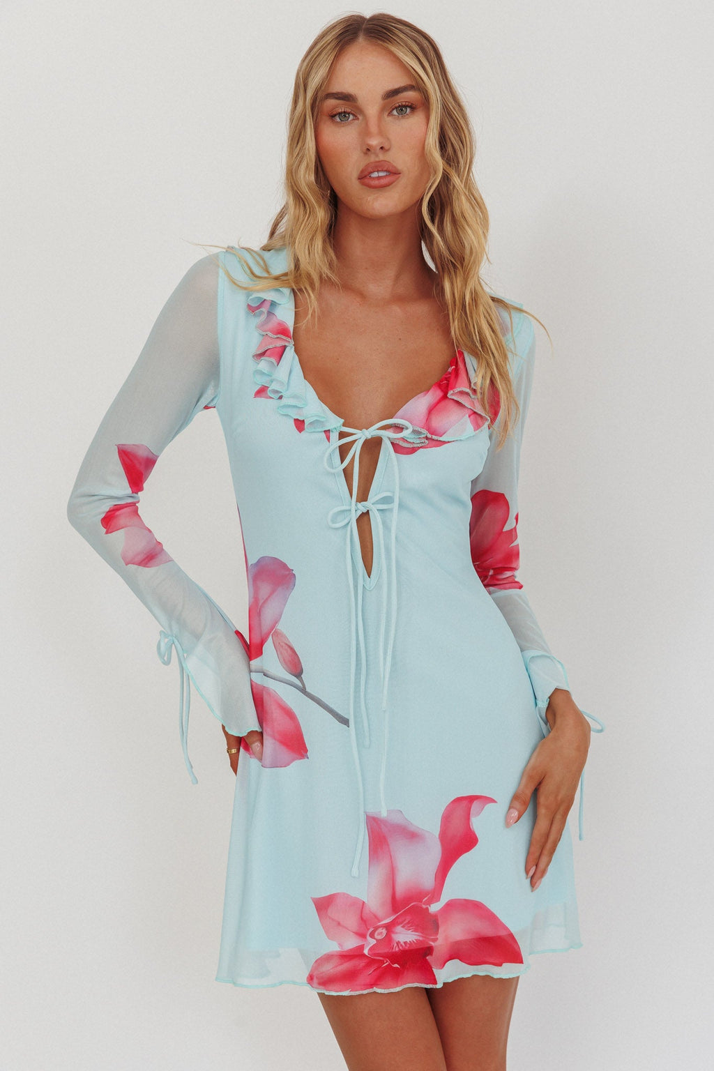 Sea Dreaming Ruffle Trim Mini Dress Floral Blue