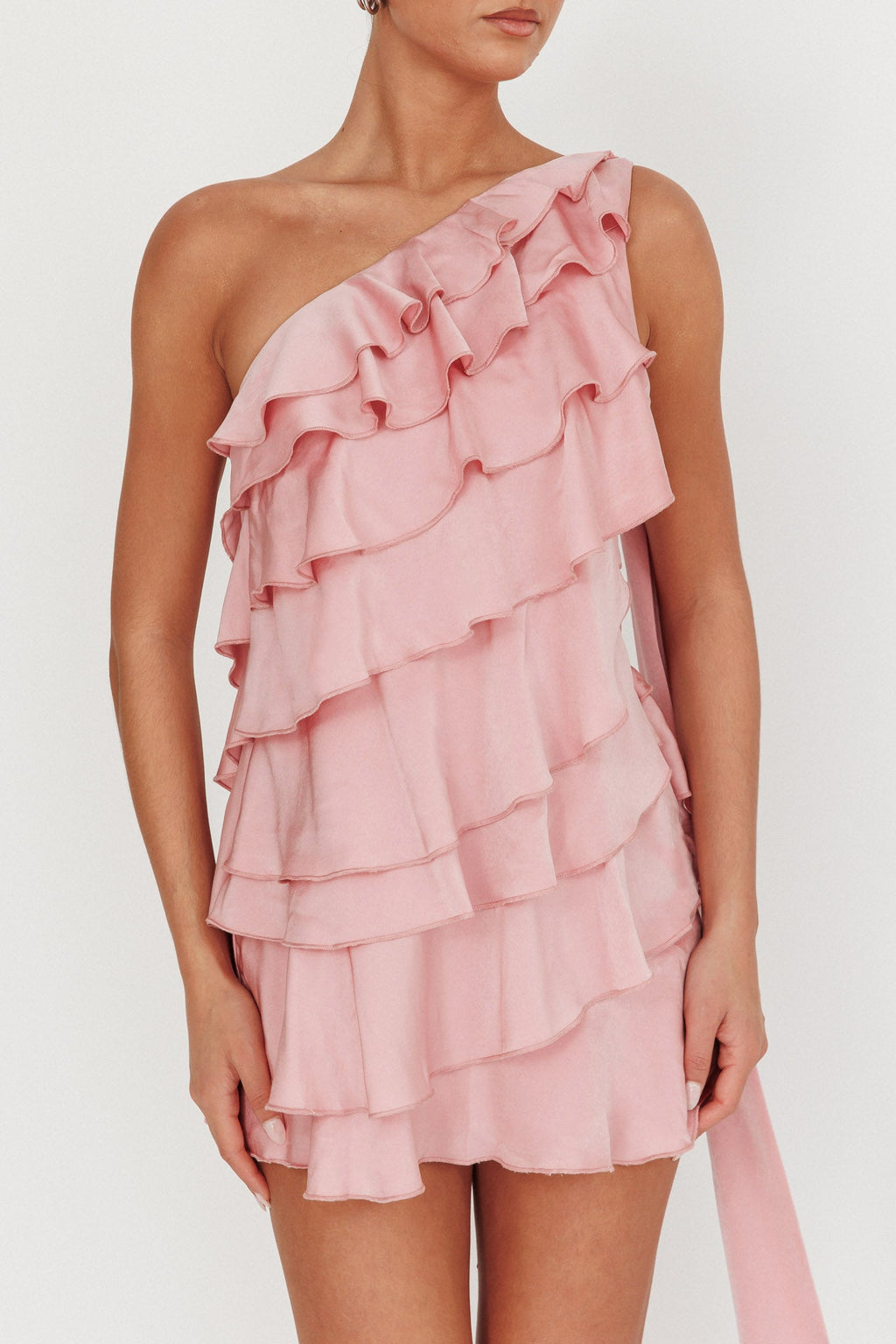 Arrabel Tiered Ruffle One Shoulder Mini Dress Pink