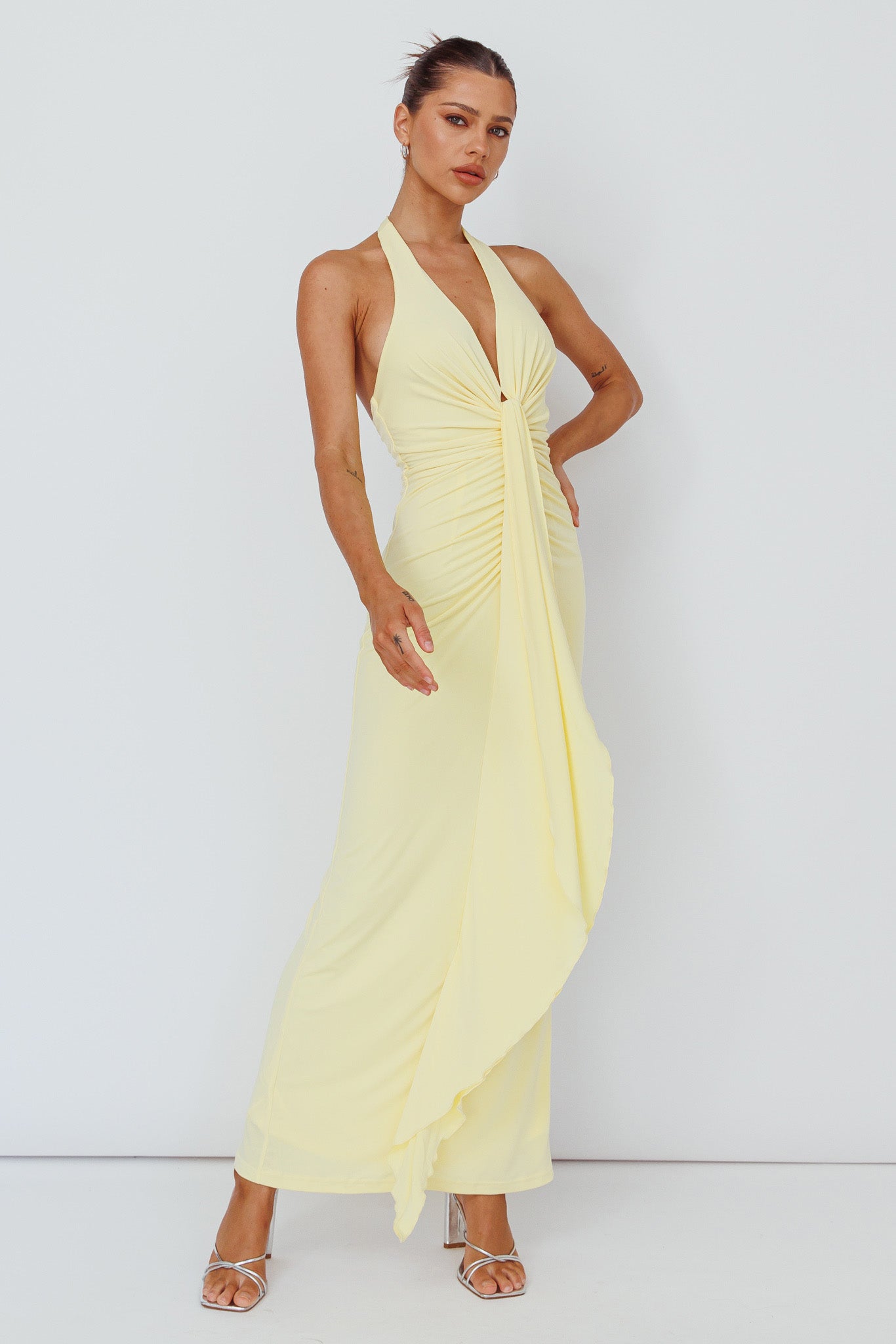 Ray Of Light Ruched Halterneck Maxi Dress Lemon by Selfie Leslie