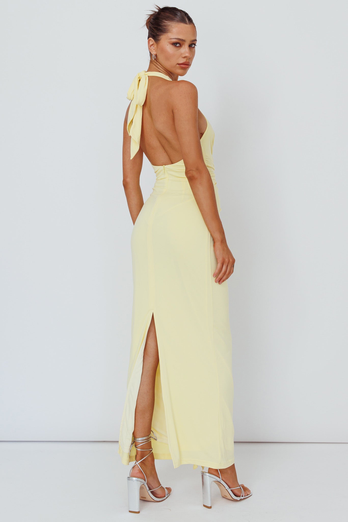 Ray Of Light Ruched Halterneck Maxi Dress Lemon by Selfie Leslie