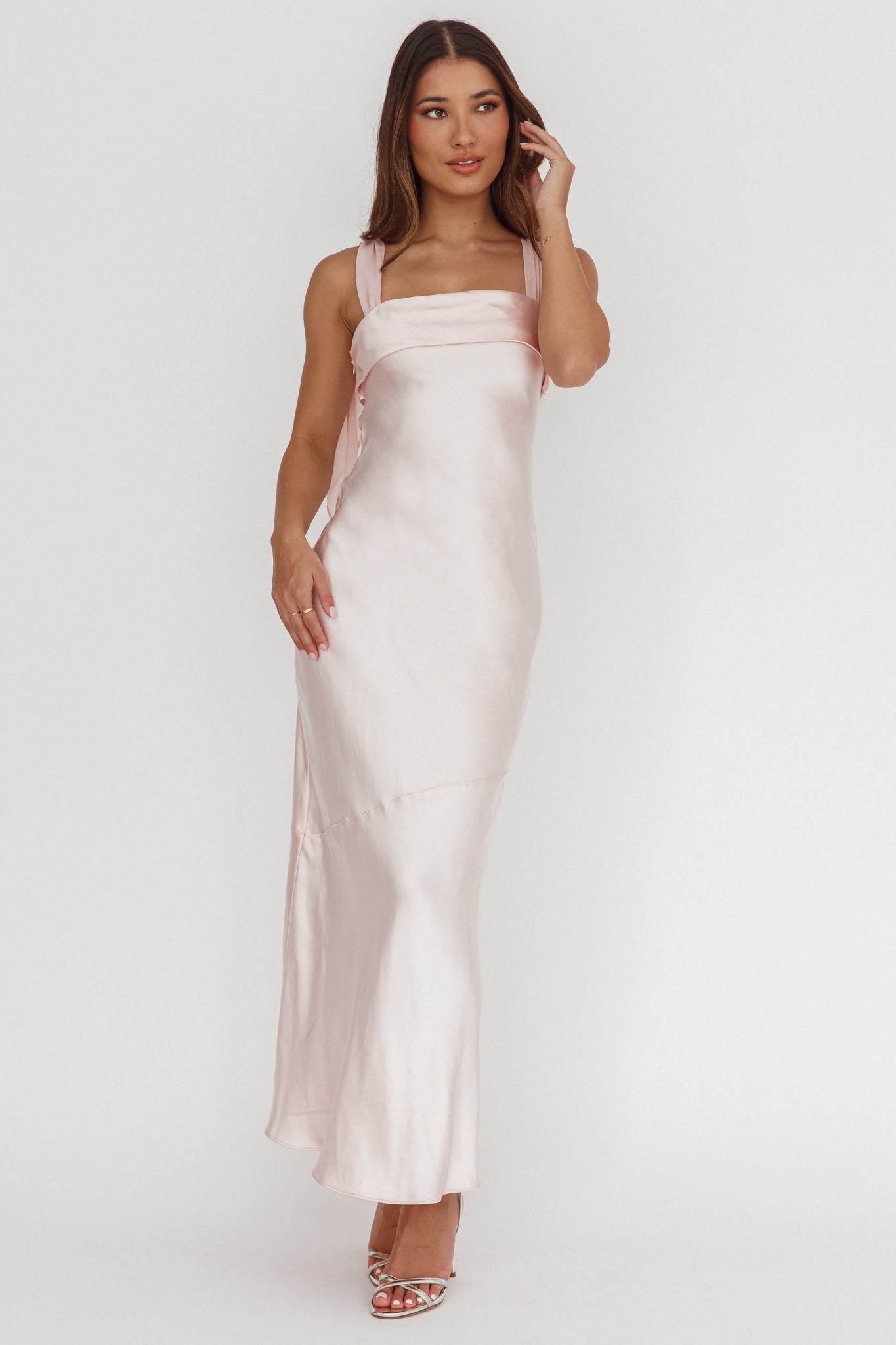 Carmel Shoulder Sash Midi Dress Blush by Selfie Leslie