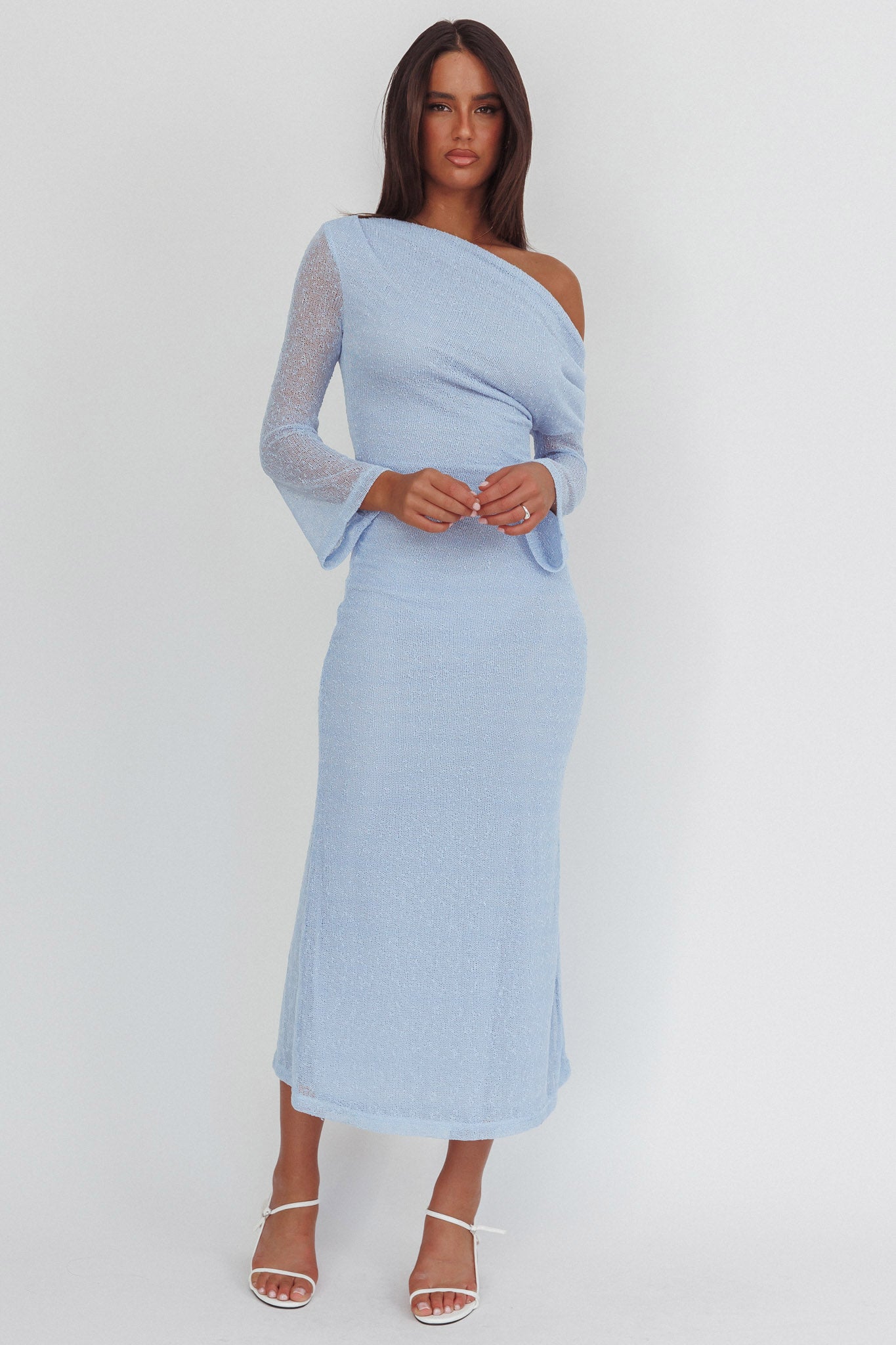 Alivya Asymmetric Neckline Knit Maxi Dress Blue by Selfie Leslie