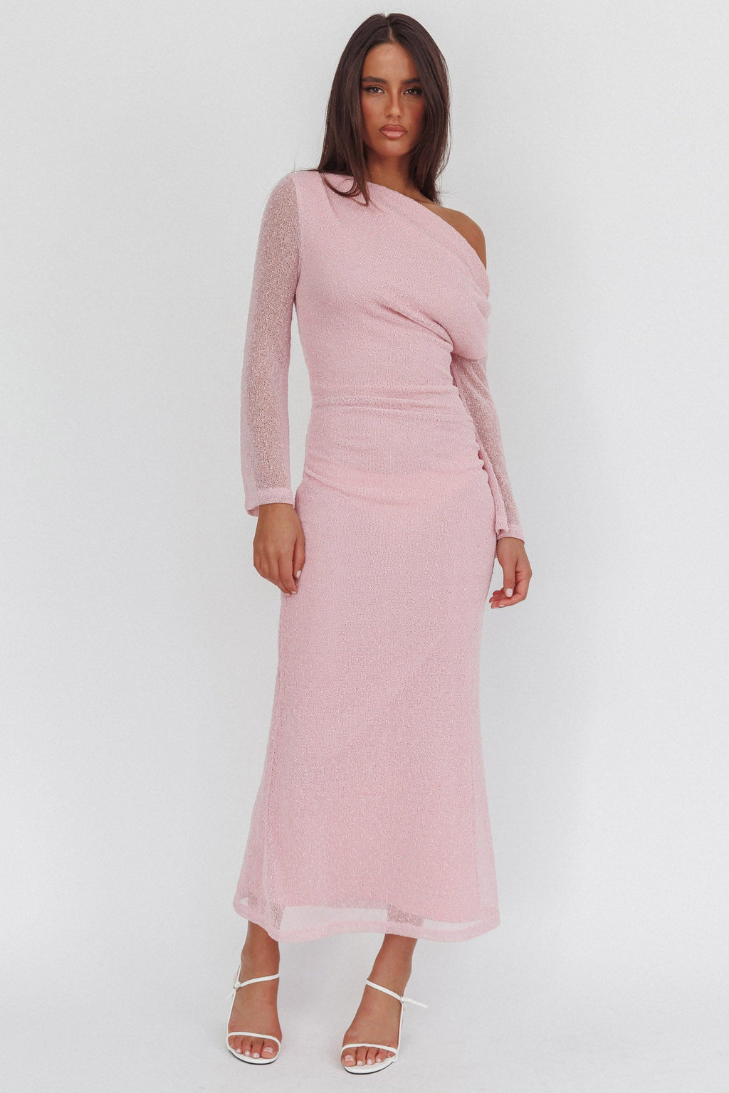 Alivya Asymmetric Neckline Knit Maxi Dress Pink by Selfie Leslie