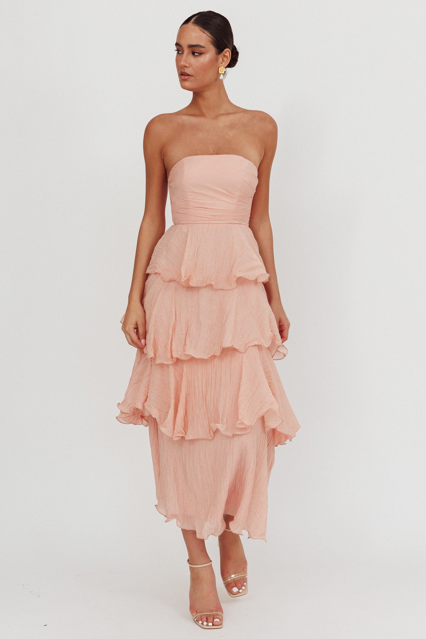Giavana Strapless Layered Midi Dress Peach