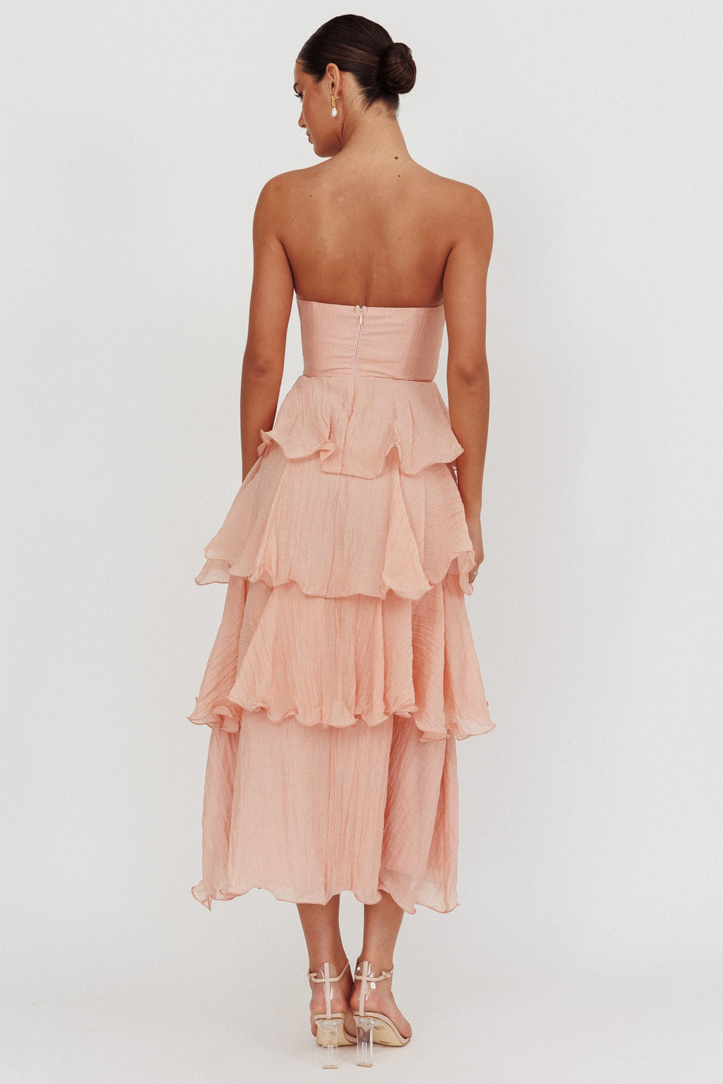Giavana Strapless Layered Midi Dress Peach