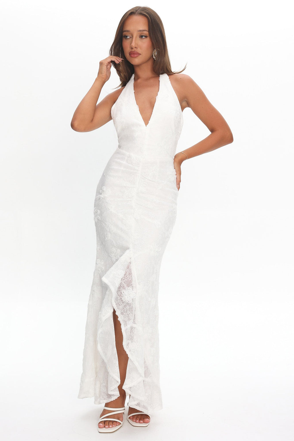 Alisette Halter Split Maxi Dress White by Selfie Leslie