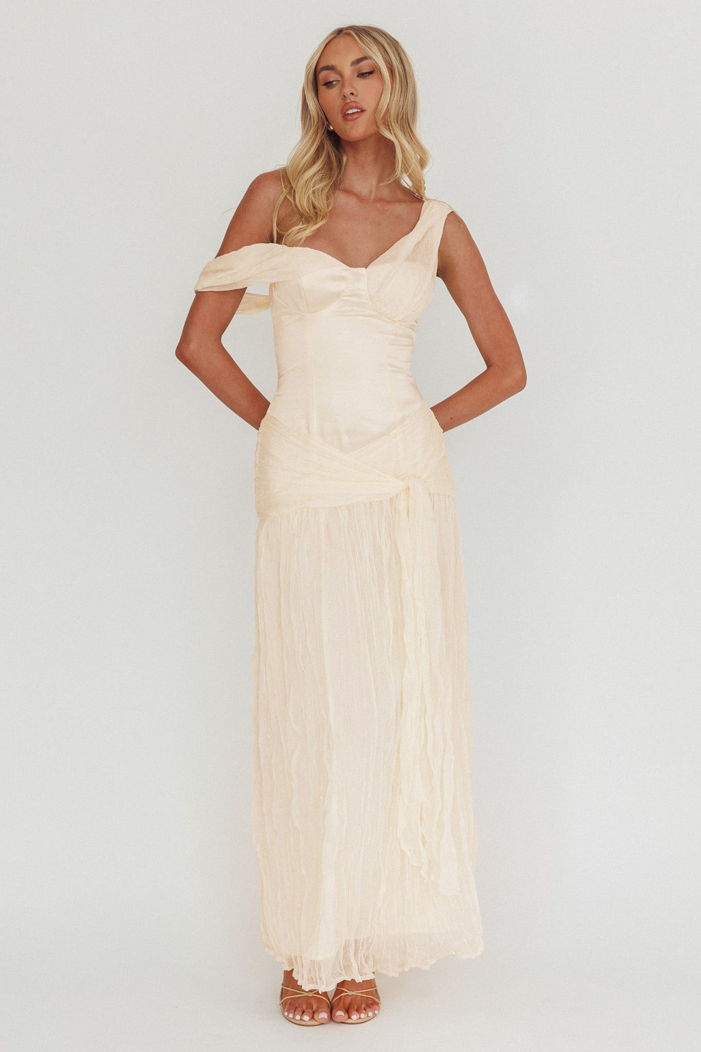 Keia Crepe Chiffon One-Shoulder Maxi Dress Oyster by Selfie Leslie