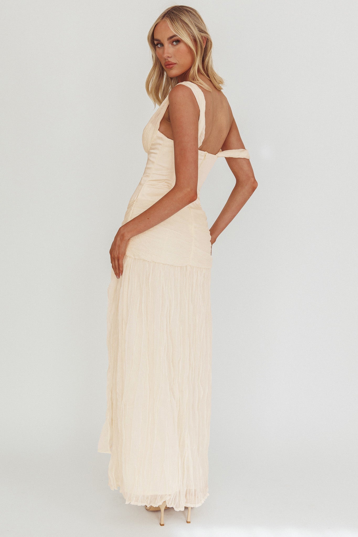 Keia Crepe Chiffon One-Shoulder Maxi Dress Oyster by Selfie Leslie