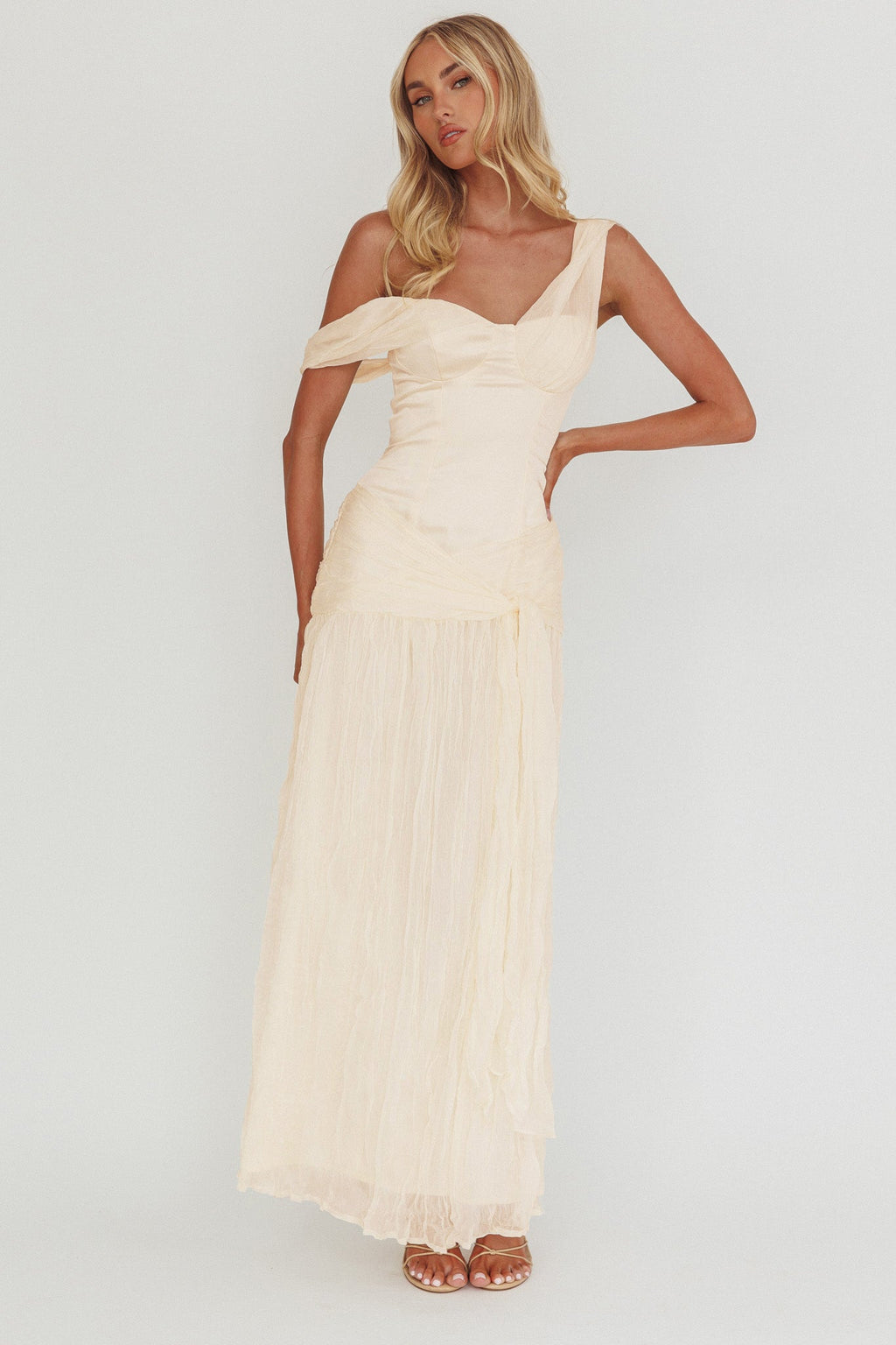 Keia Crepe Chiffon One-Shoulder Maxi Dress Oyster by Selfie Leslie