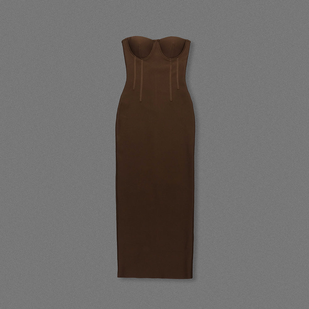 Espresso Brown Strapless Corset Maxi Gown